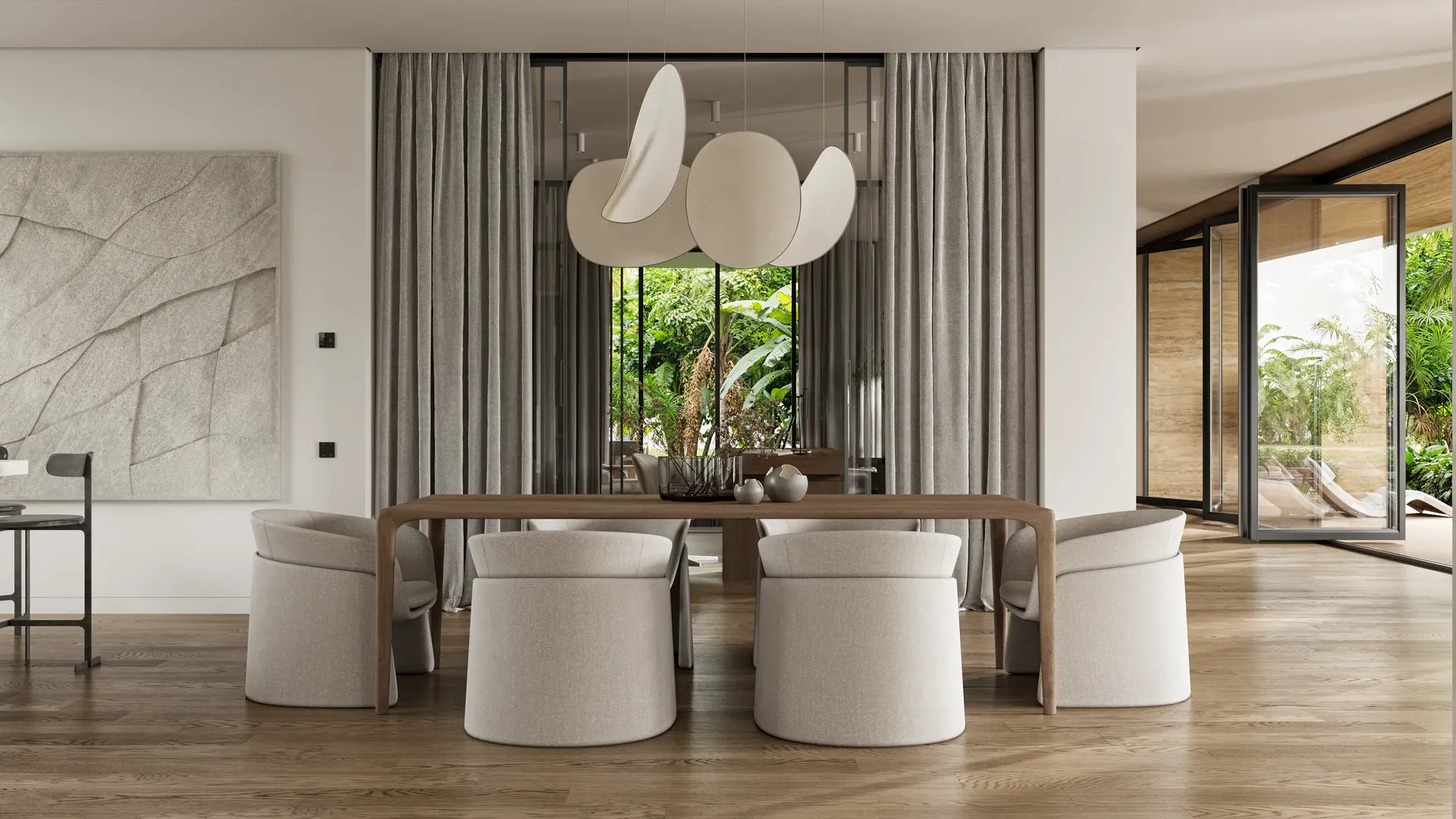 3D interior render of a luxury dining room with a wood table and tropical views.
