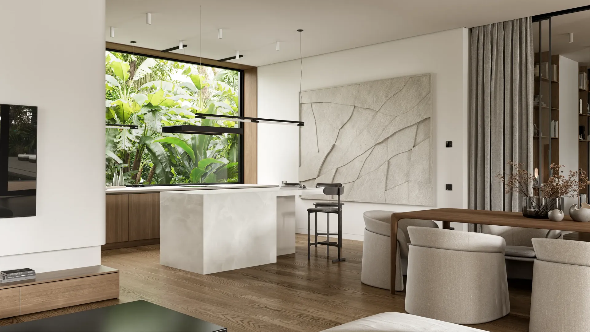 3D render of an open-plan luxury kitchen and dining area with a marble island.