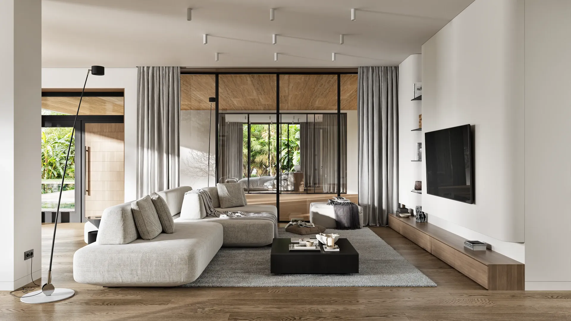 3D interior rendering of a luxury living room with a curved media wall and a glass partition.