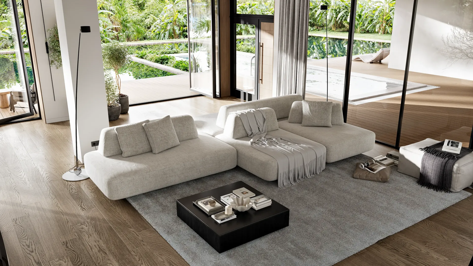 Elevated 3D interior rendering of a luxury living room with a white modular sofa and tropical pool views.