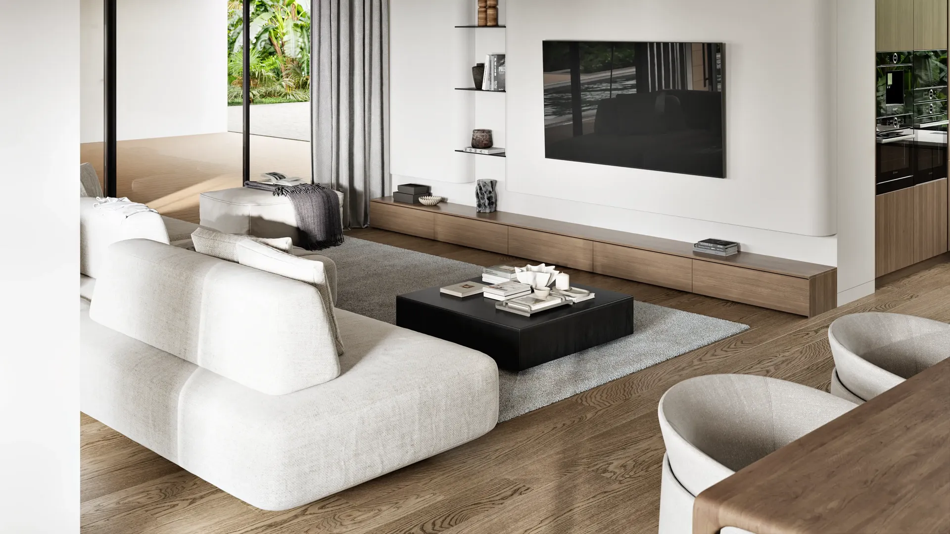 3D interior rendering of a modern living room with a curved media wall, wood console, and white sofa.