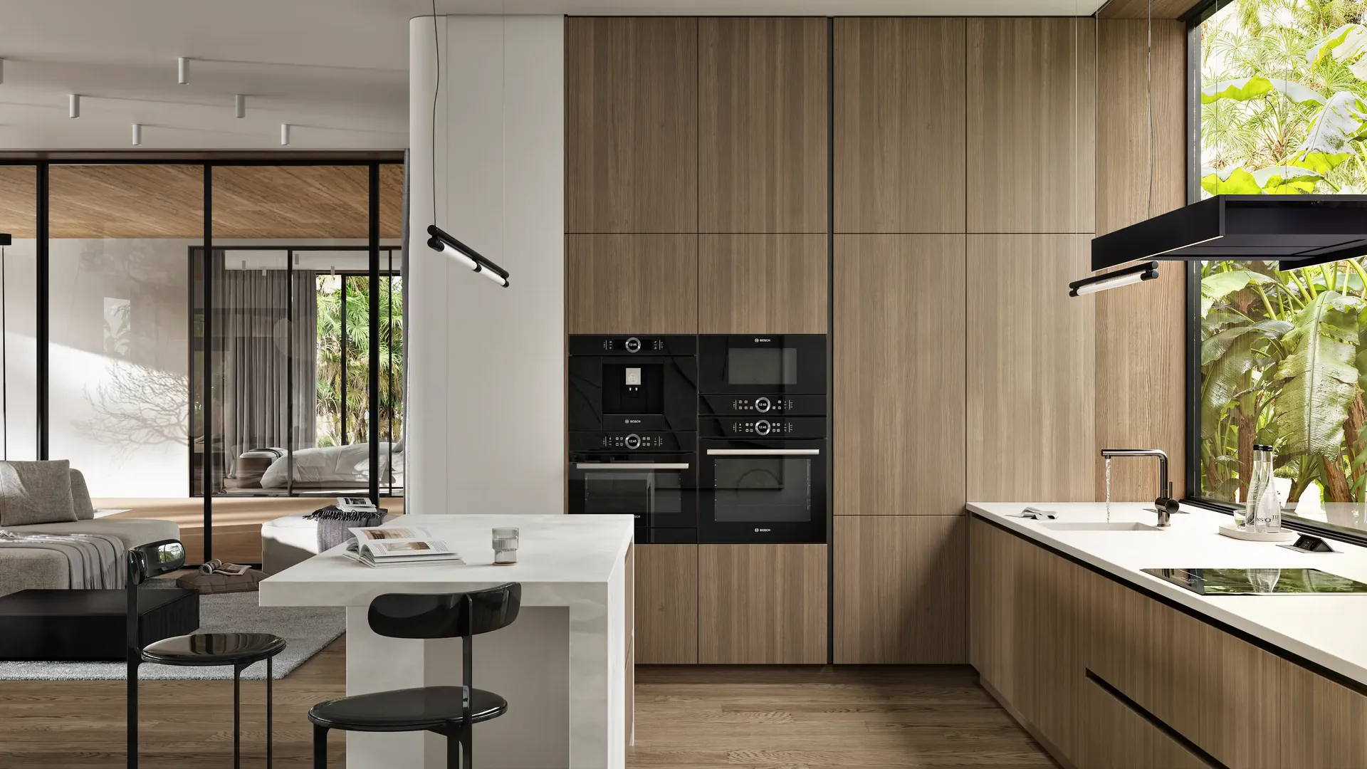 Organic modern kitchen design inspiration. 3D visualization showcasing warm wood veneer cabinets, contrasting matte black built-in appliances, a minimalist white quartz island, and a large window framing tropical garden views.