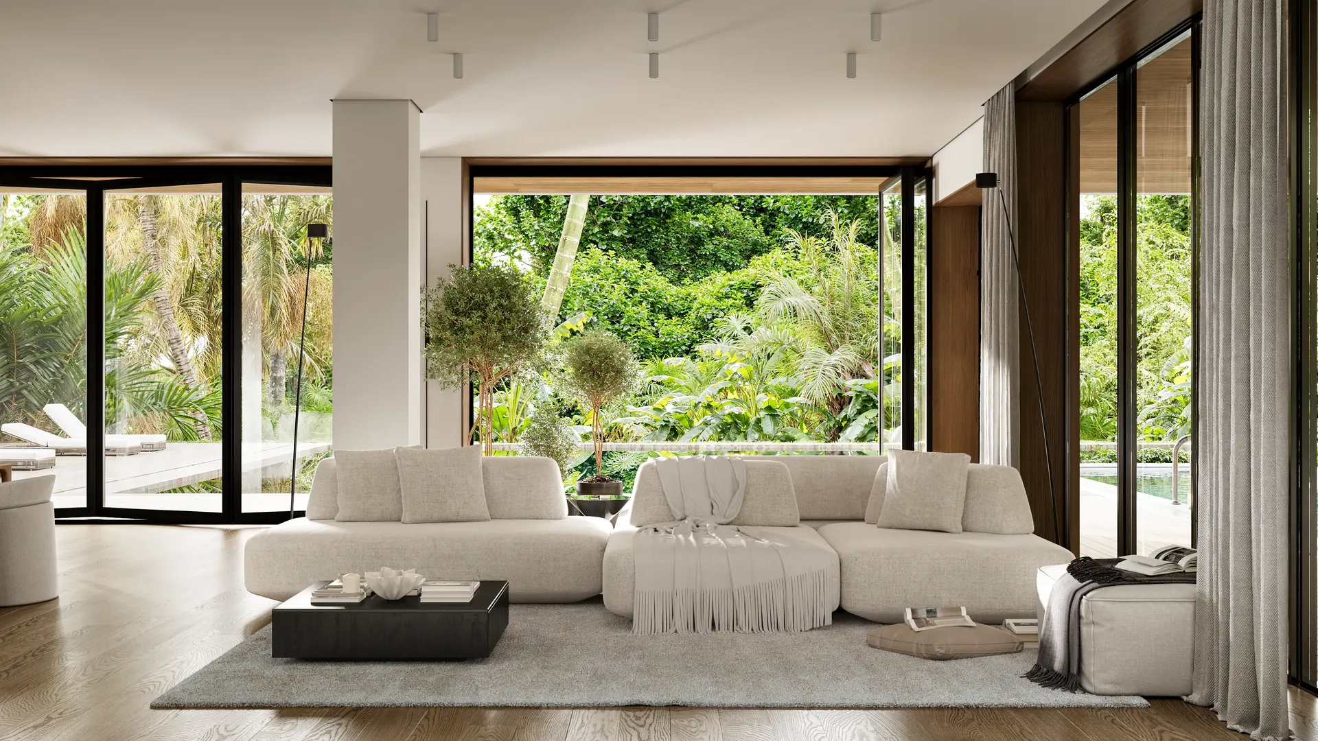 Organic modern living room design inspiration. 3D visualization showcasing a neutral color palette, a textured bouclé sofa with cozy throws, indoor potted trees, and seamless indoor-outdoor flow into a tropical garden.