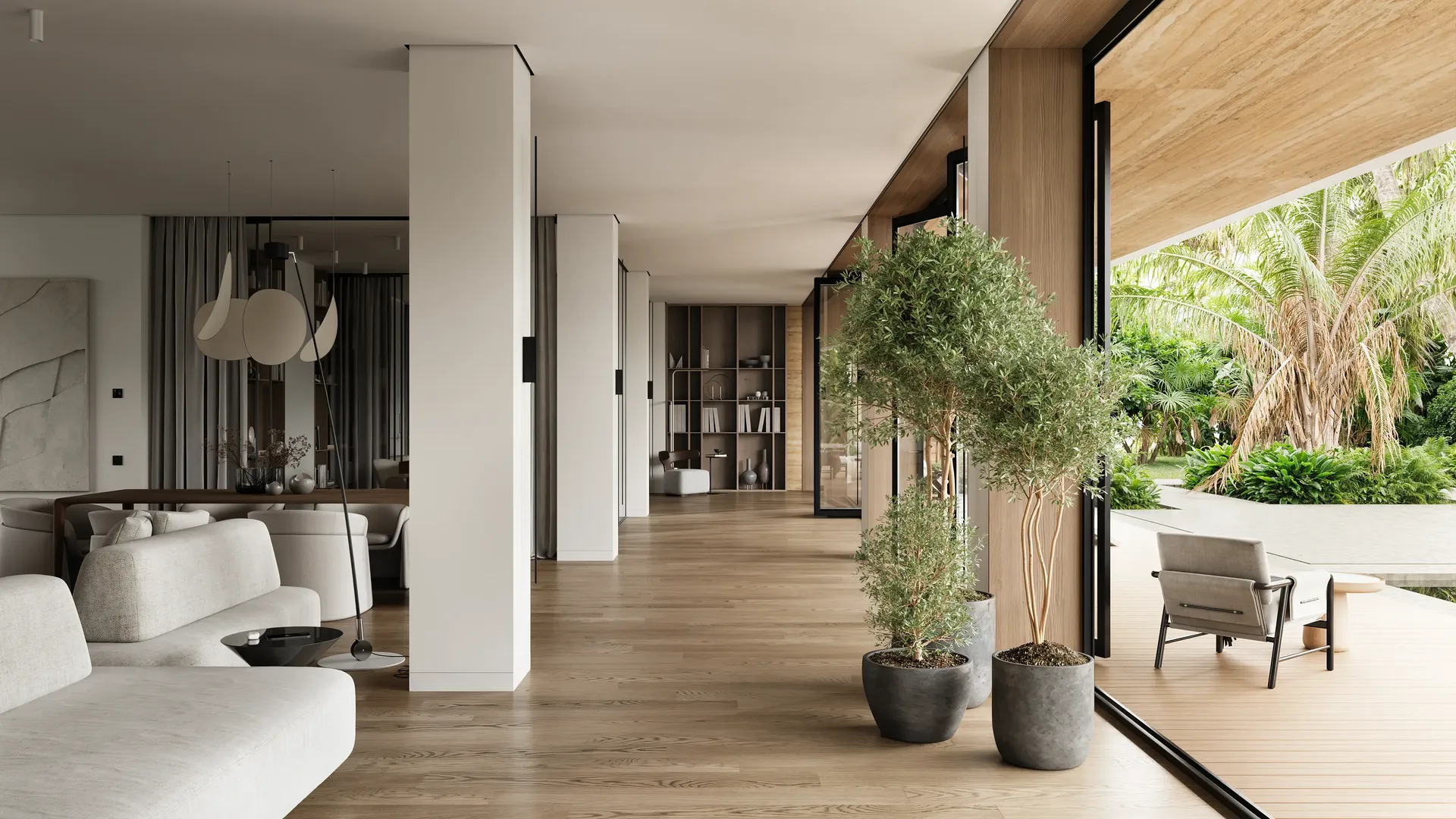 3D interior rendering of an open-plan luxury living room with large glass doors and a tropical outdoor terrace.
