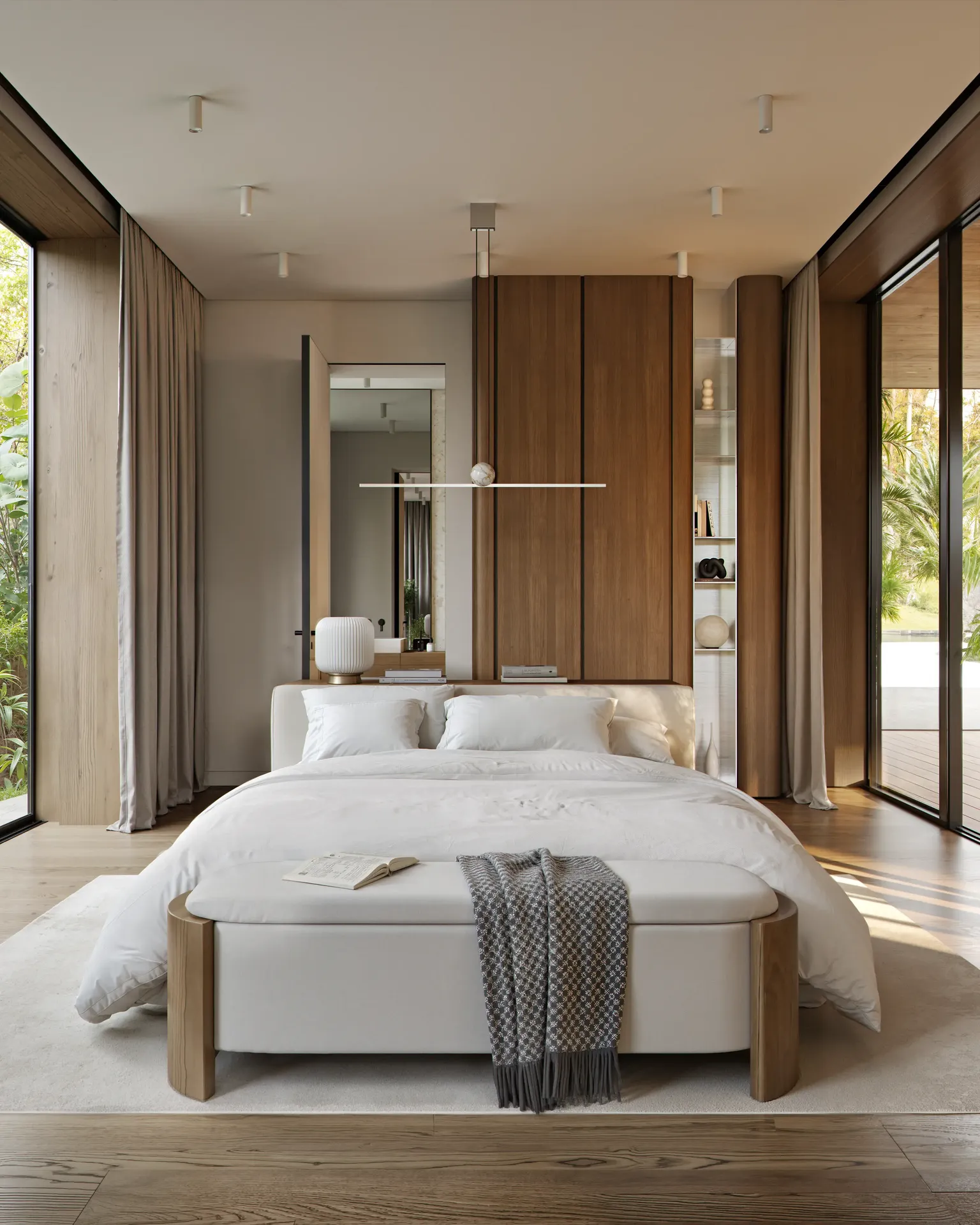 3D interior rendering of a modern luxury bedroom with a wood-paneled wall, central bed, and large glass windows.
