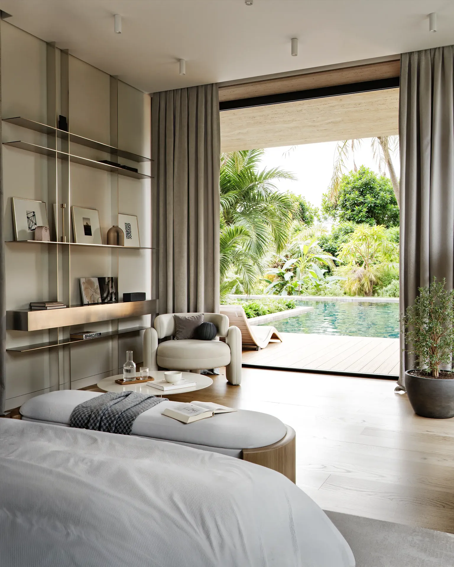 High-end 3D architectural visualization of a residential bedroom, demonstrating realistic natural daylighting, high-quality fabric simulations on the bedding and drapery, and complex indoor-outdoor environment modeling.