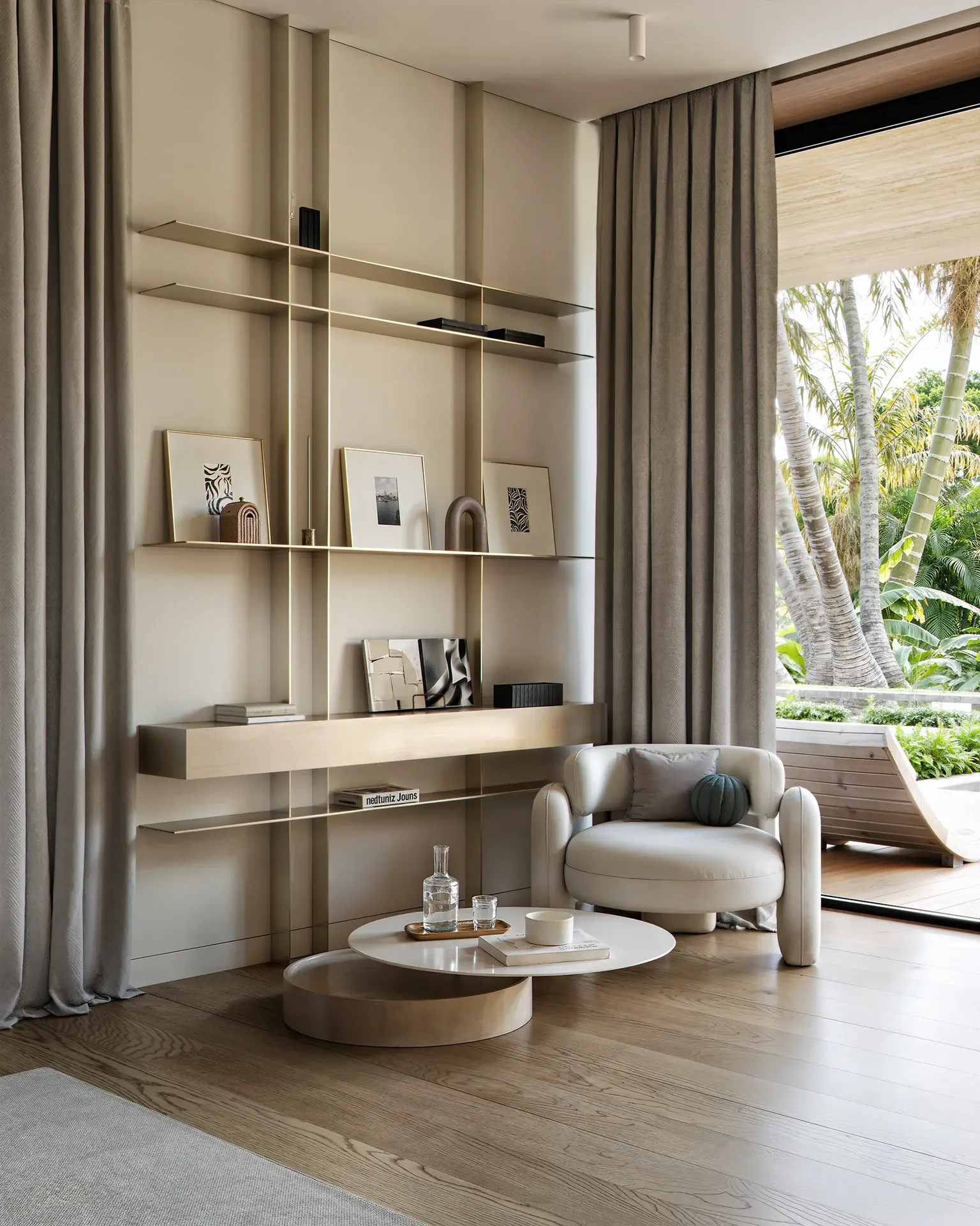 Photorealistic 3D interior rendering of a modern guest room lounge featuring custom minimalist metal wall shelving, a white curved armchair, a tiered coffee table, and sliding glass doors opening to a tropical terrace.
