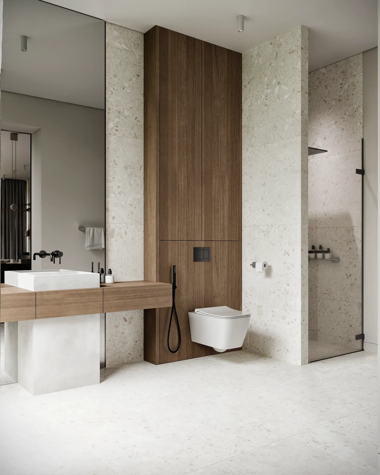 Modern minimalist bathroom 3D render with wood vanity and stone tile finishes