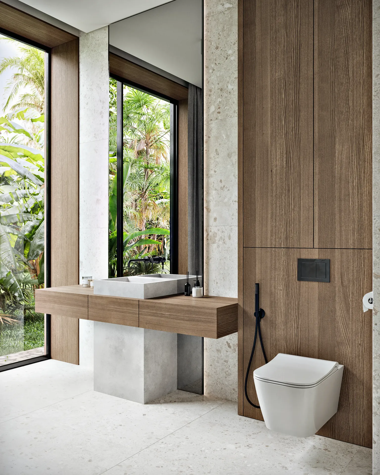 Modern guest bathroom 3D render with wood vanity and tropical garden view.