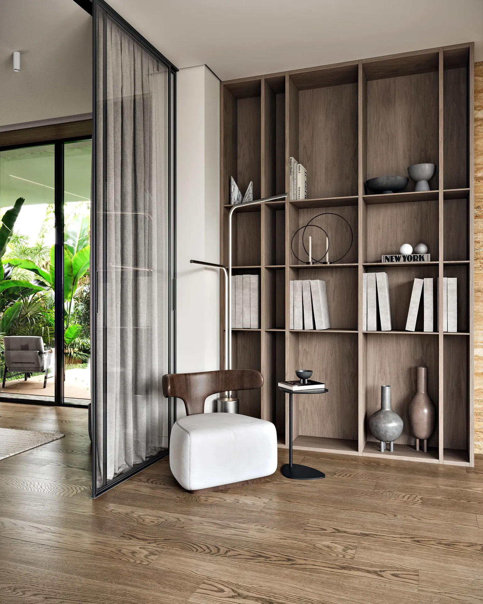 3D rendering of a modern interior reading nook with a built-in wooden bookcase and glass sliding doors.