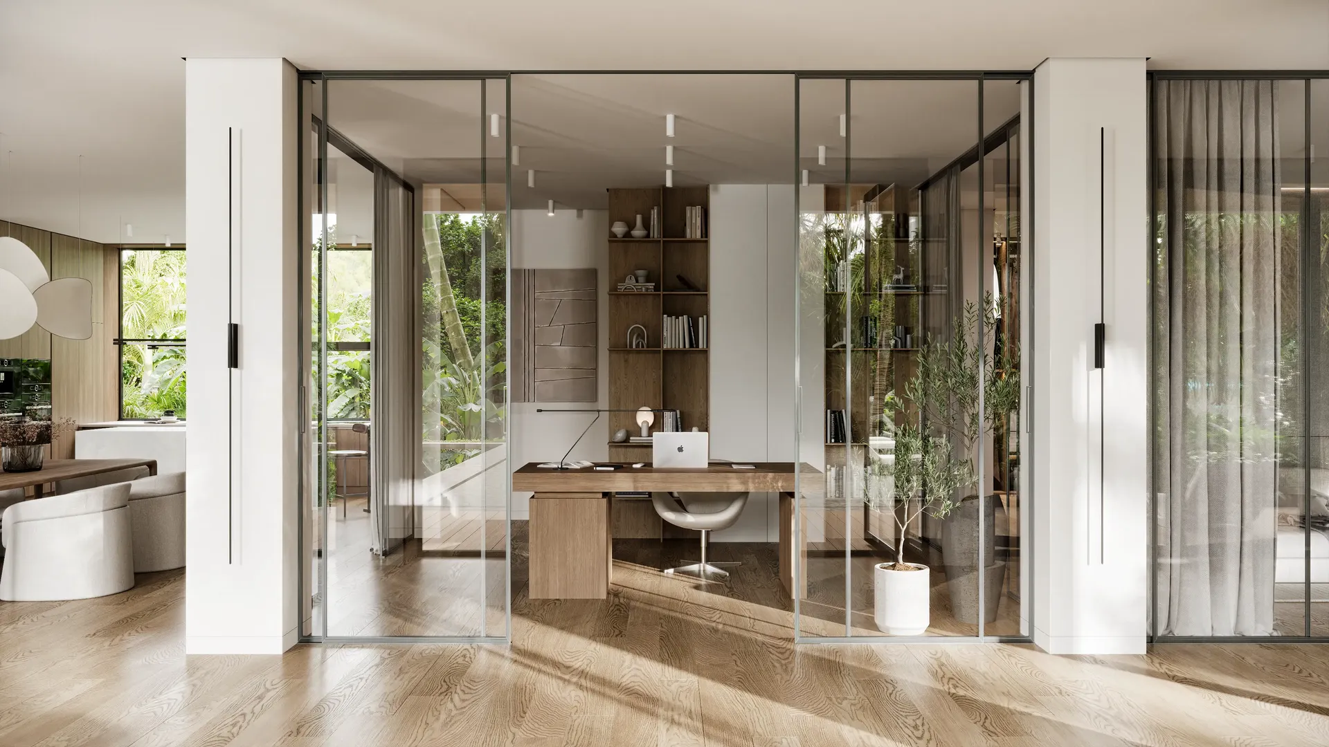 3D interior rendering of a modern home office with glass sliding doors and wood floors.