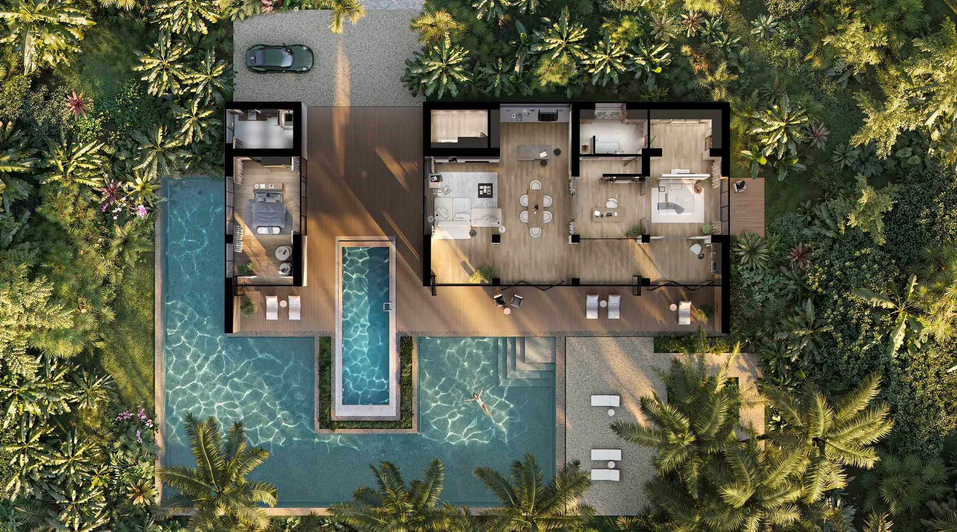 Top-down 3D floor plan rendering of a luxury tropical villa, showcasing an open interior layout, wooden decking, and a large wraparound swimming pool.