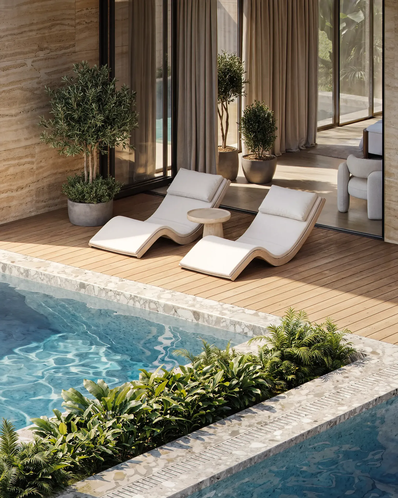 Luxury exterior 3D rendering of a modern pool deck with white lounge chairs and wood flooring