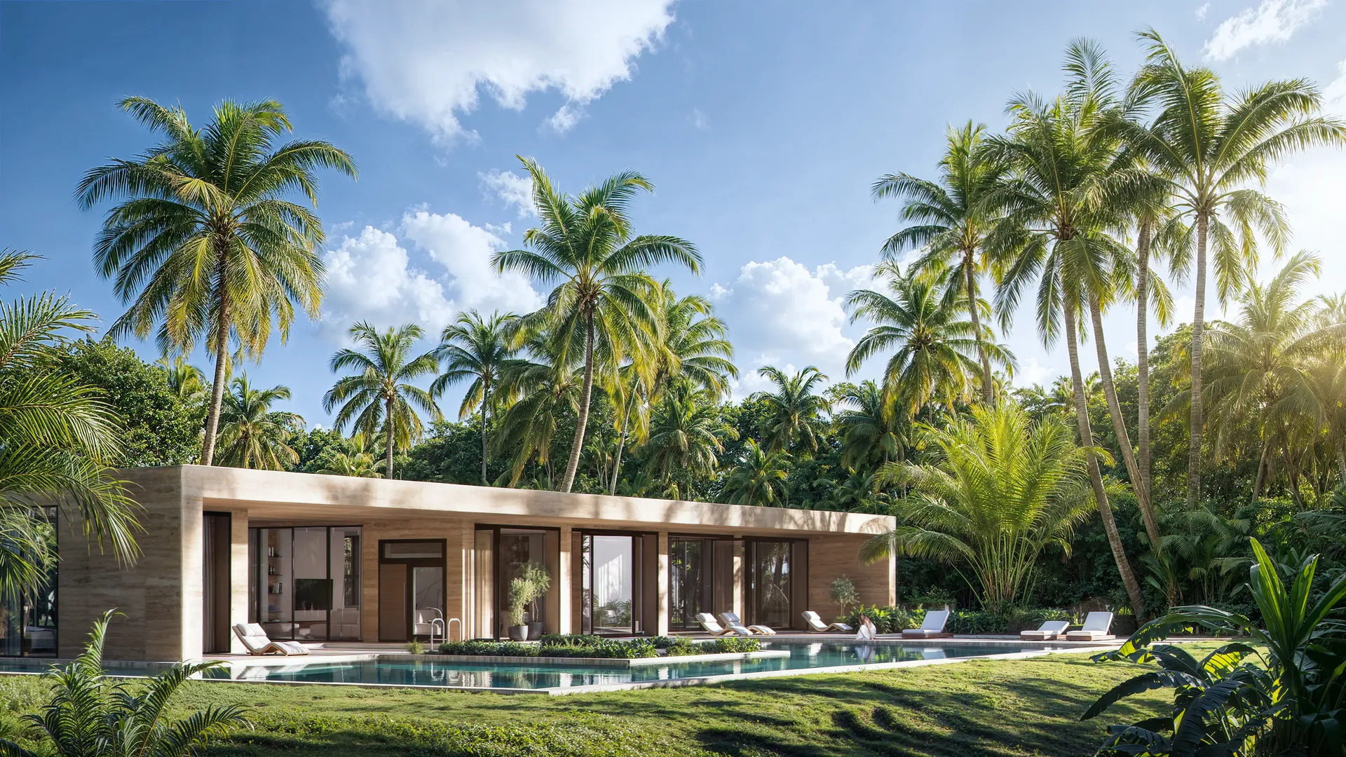General view of a tropical vacation villa featuring a swimming pool and palm trees.