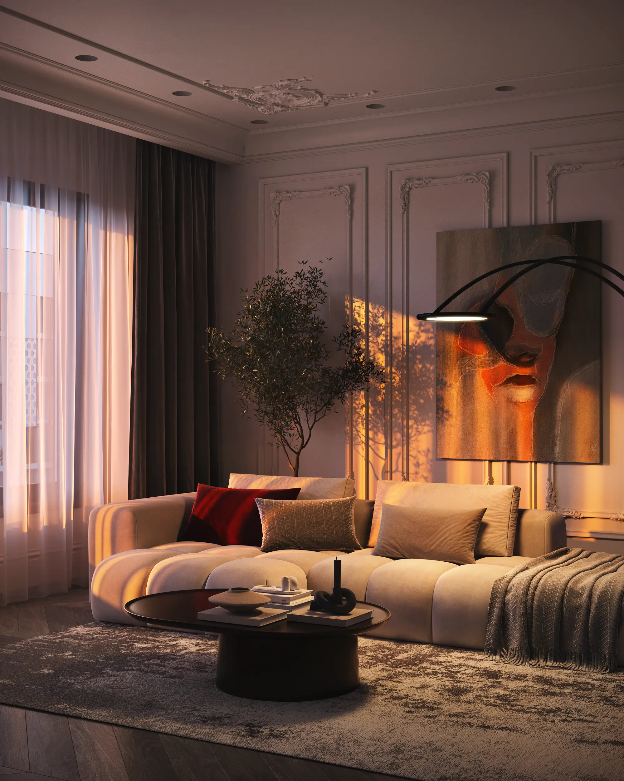 Cozy living room with a beige sofa, dark round coffee table with decor, a large abstract face painting, and warm sunset light casting shadows on the wall.