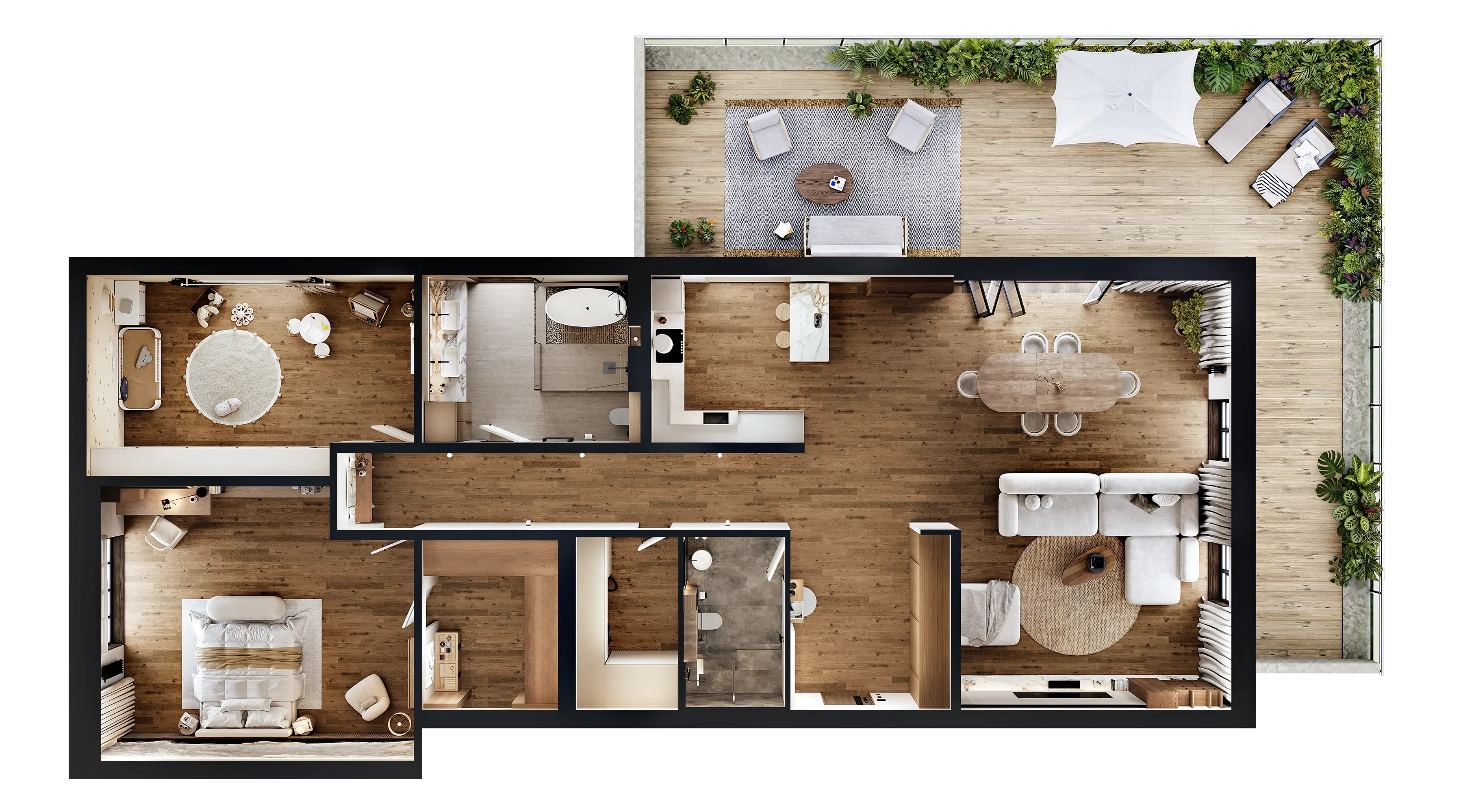 Top-down floor plan layout of the contemporary Japandi apartment, showing all rooms.