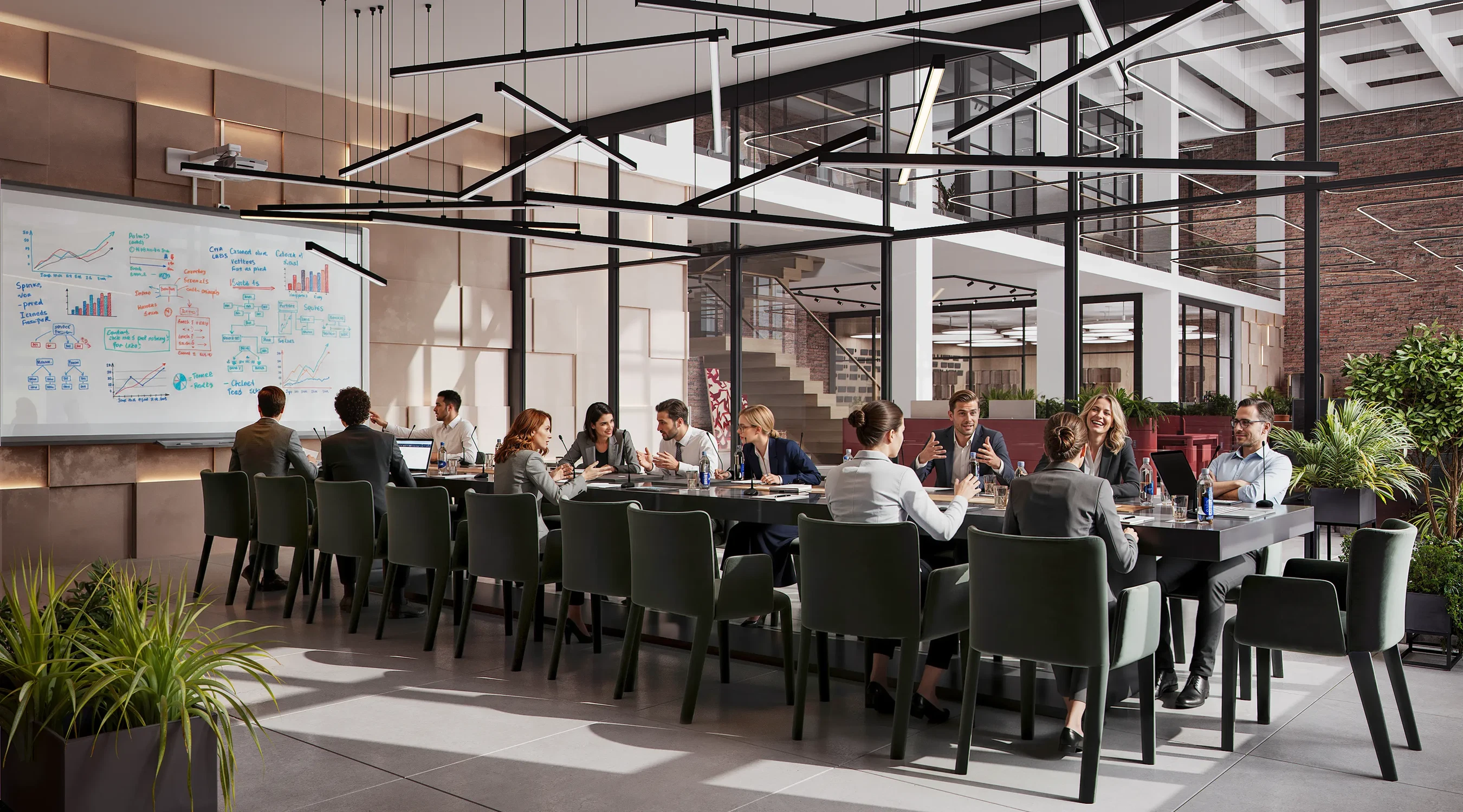 A modern office conference room with twelve professionals engaged in discussion around a large table and a whiteboard with charts and graphs on the wall.