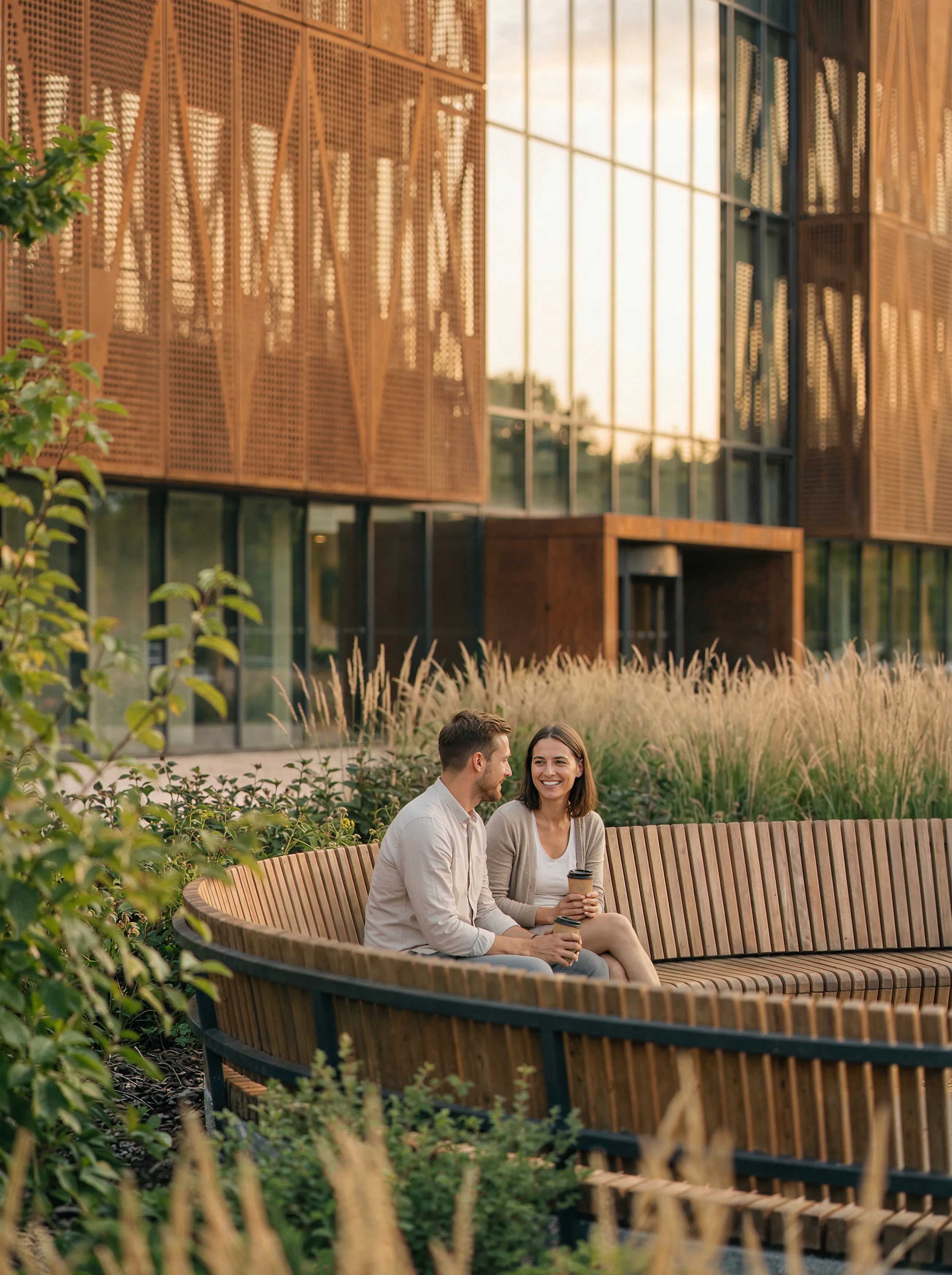 Close-up of community center facade materials and lighting