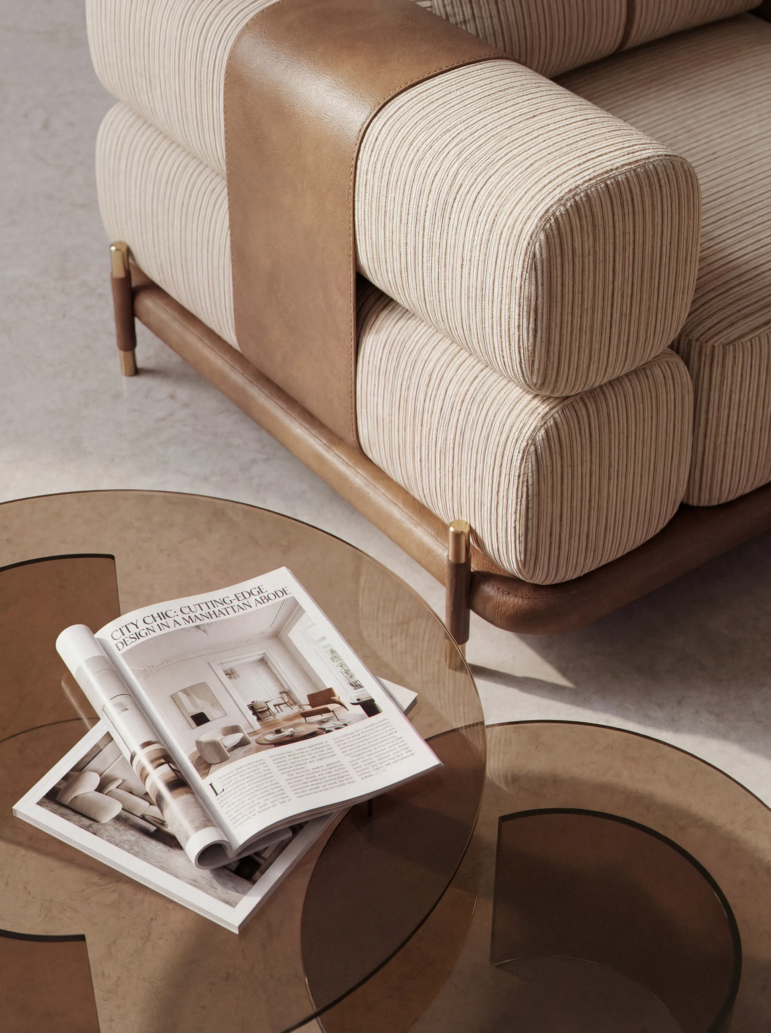 Detail shot of the armchair armrest and upholstery next to a coffee table.