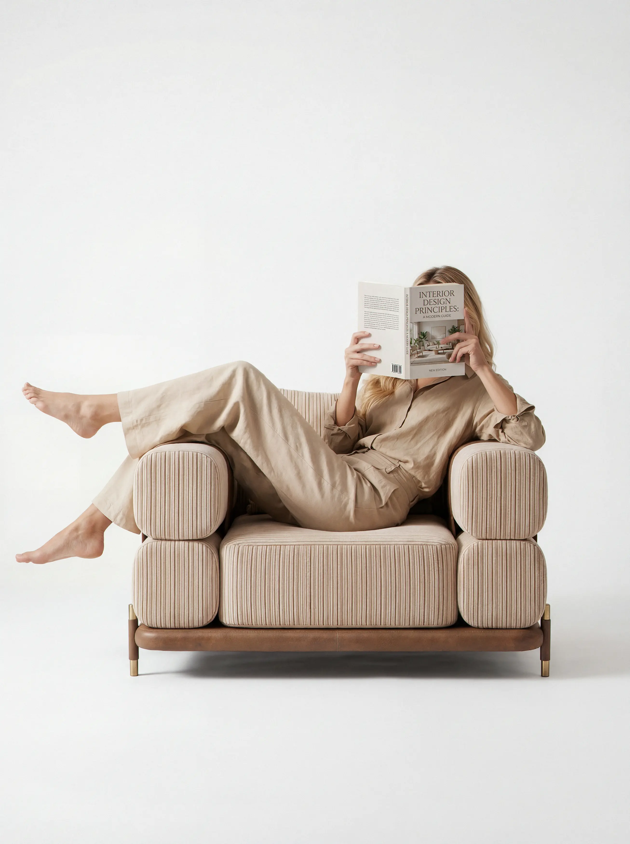 Woman reading a magazine comfortably seated in a modern designer armchair.