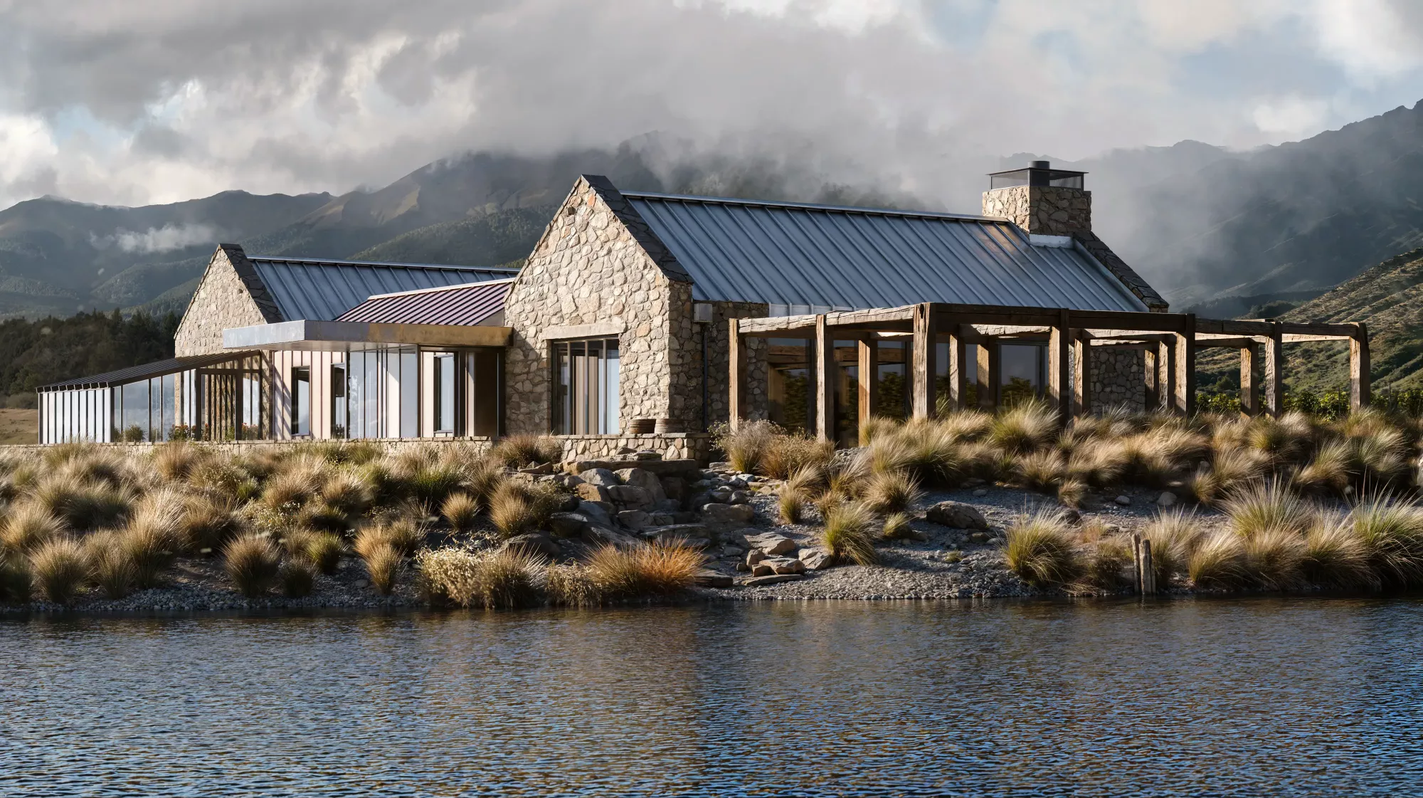 Modern lake house exterior in autumn with mountain landscape background