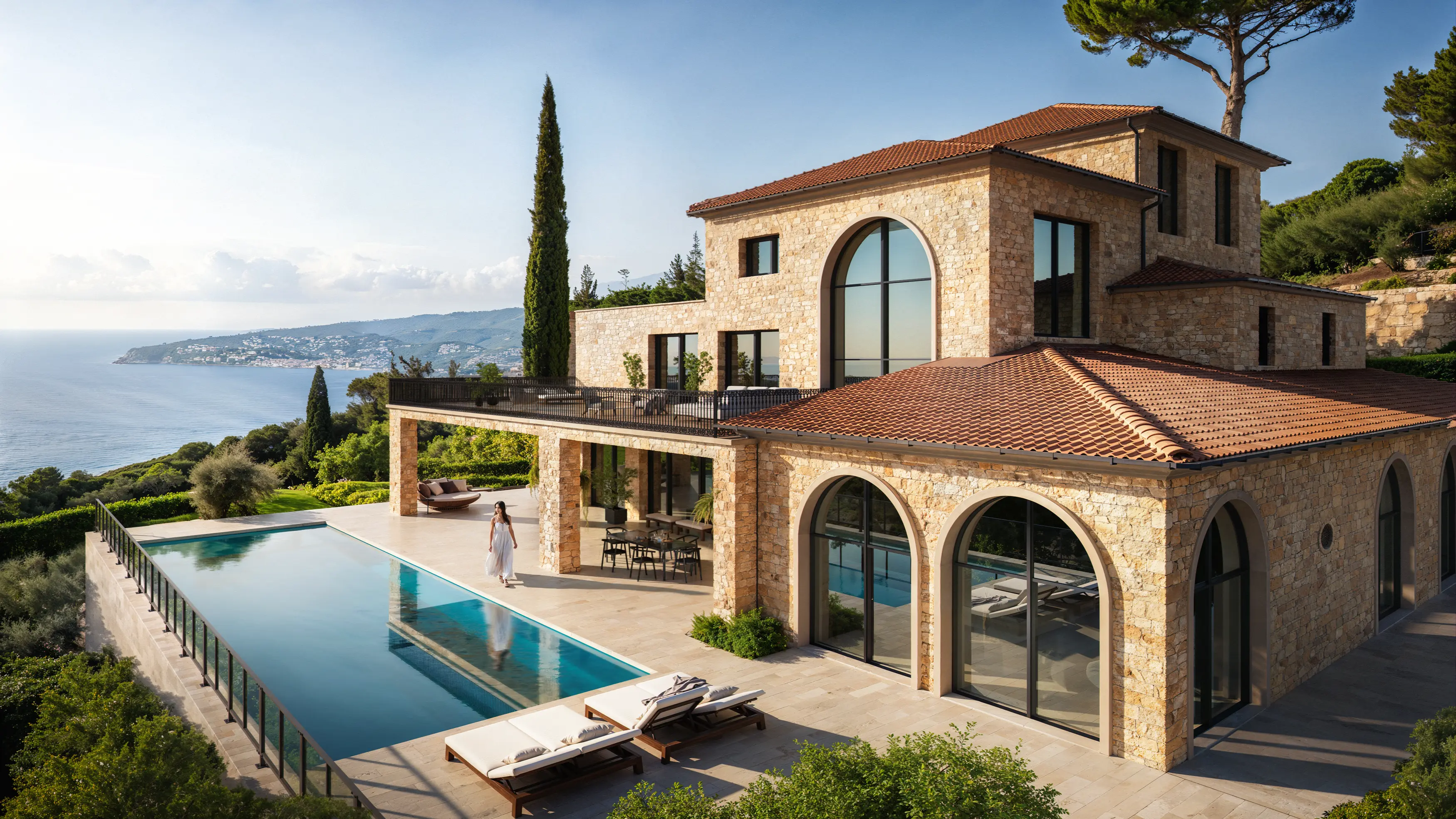 Luxury stone villa with large windows, a terrace overlooking an infinity pool, and a woman walking near the pool with a coastal view in the background.