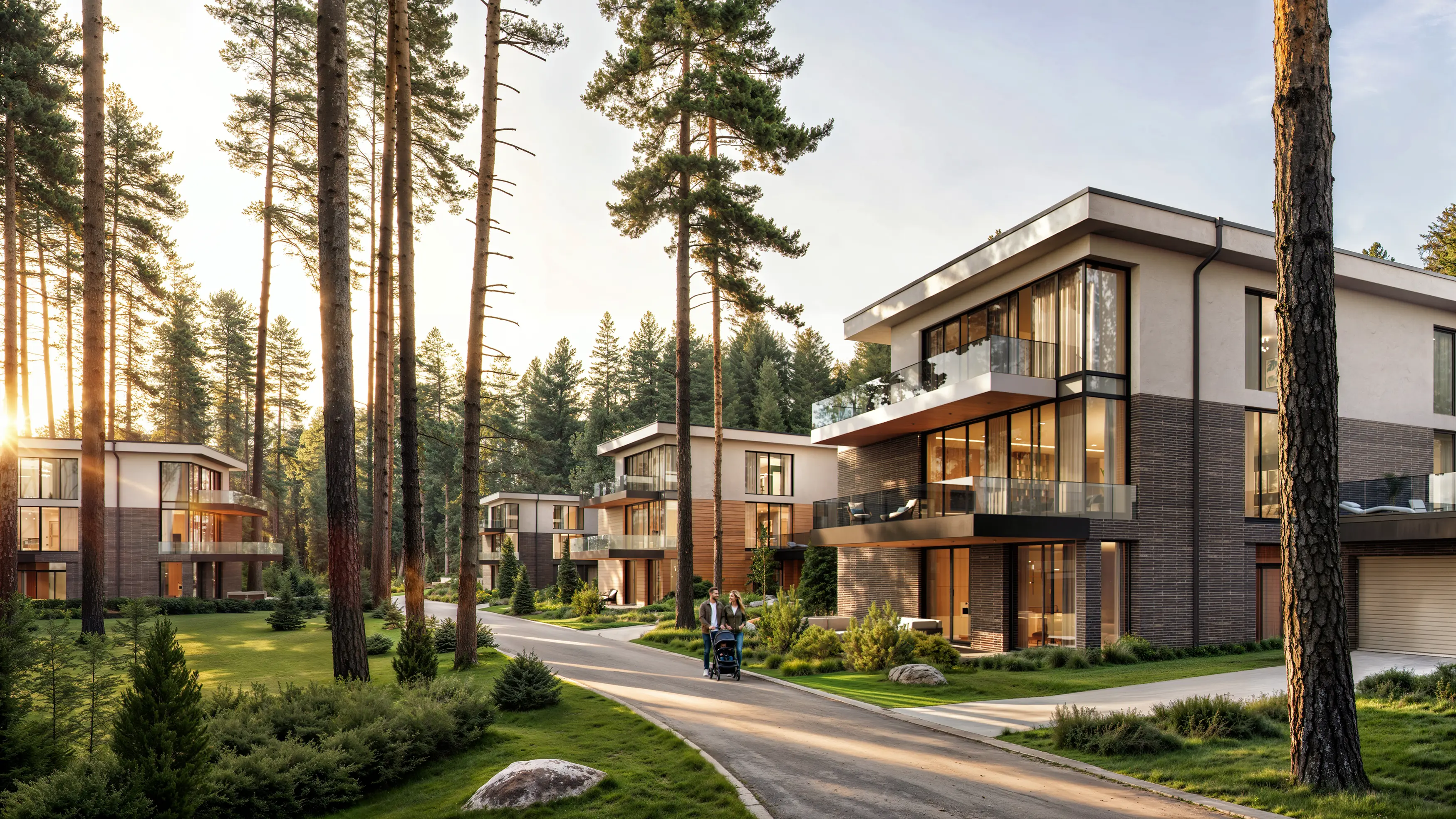 Modern multi-story houses with large windows and balconies along a winding path in a pine forest at sunset with a couple pushing a stroller.