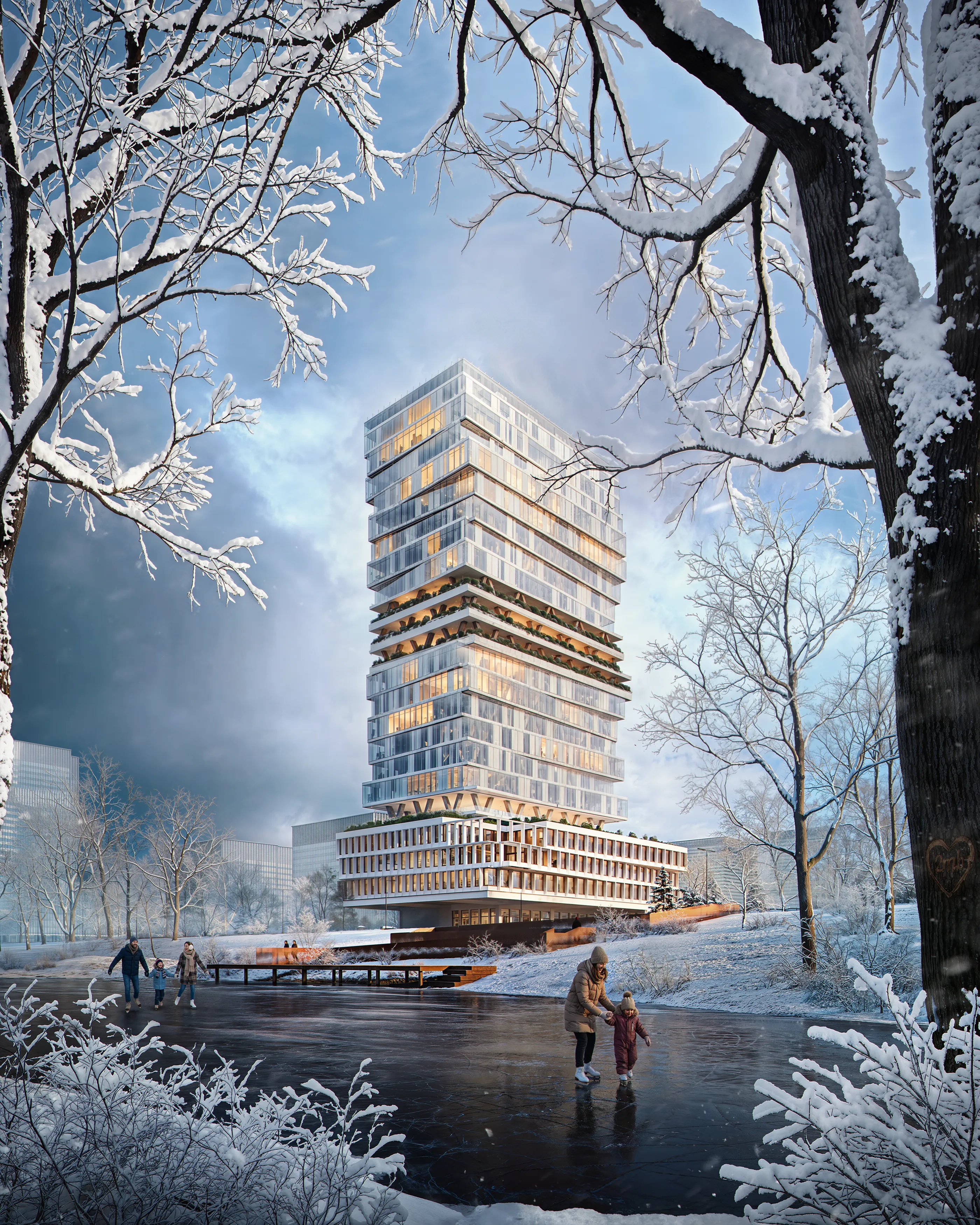 Modern glass skyscraper with terraces surrounded by snow-covered trees and people ice skating on a frozen pond.