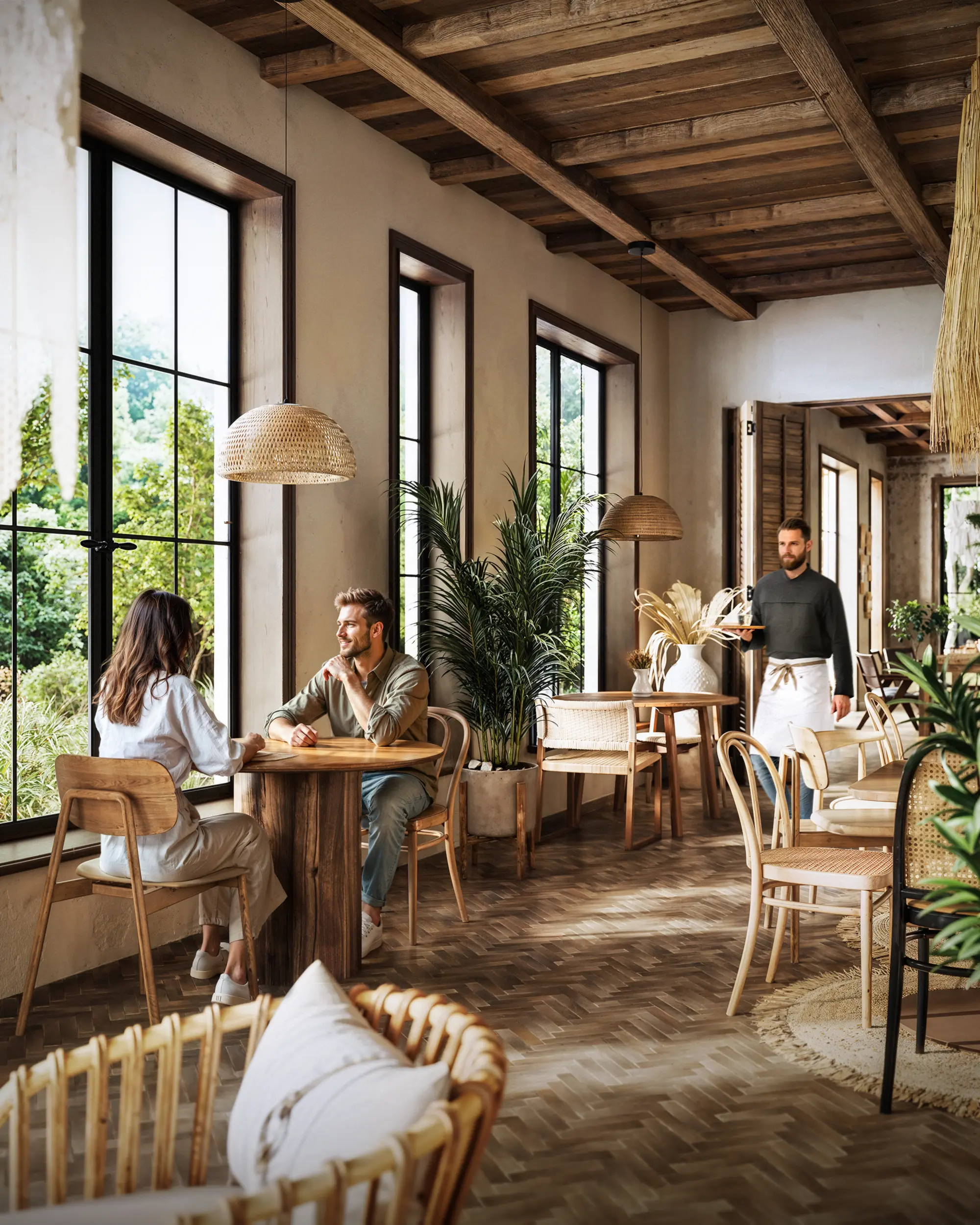 Couple sitting at a wooden table by large windows in a cozy café with wooden ceiling and plants, served by a waiter.