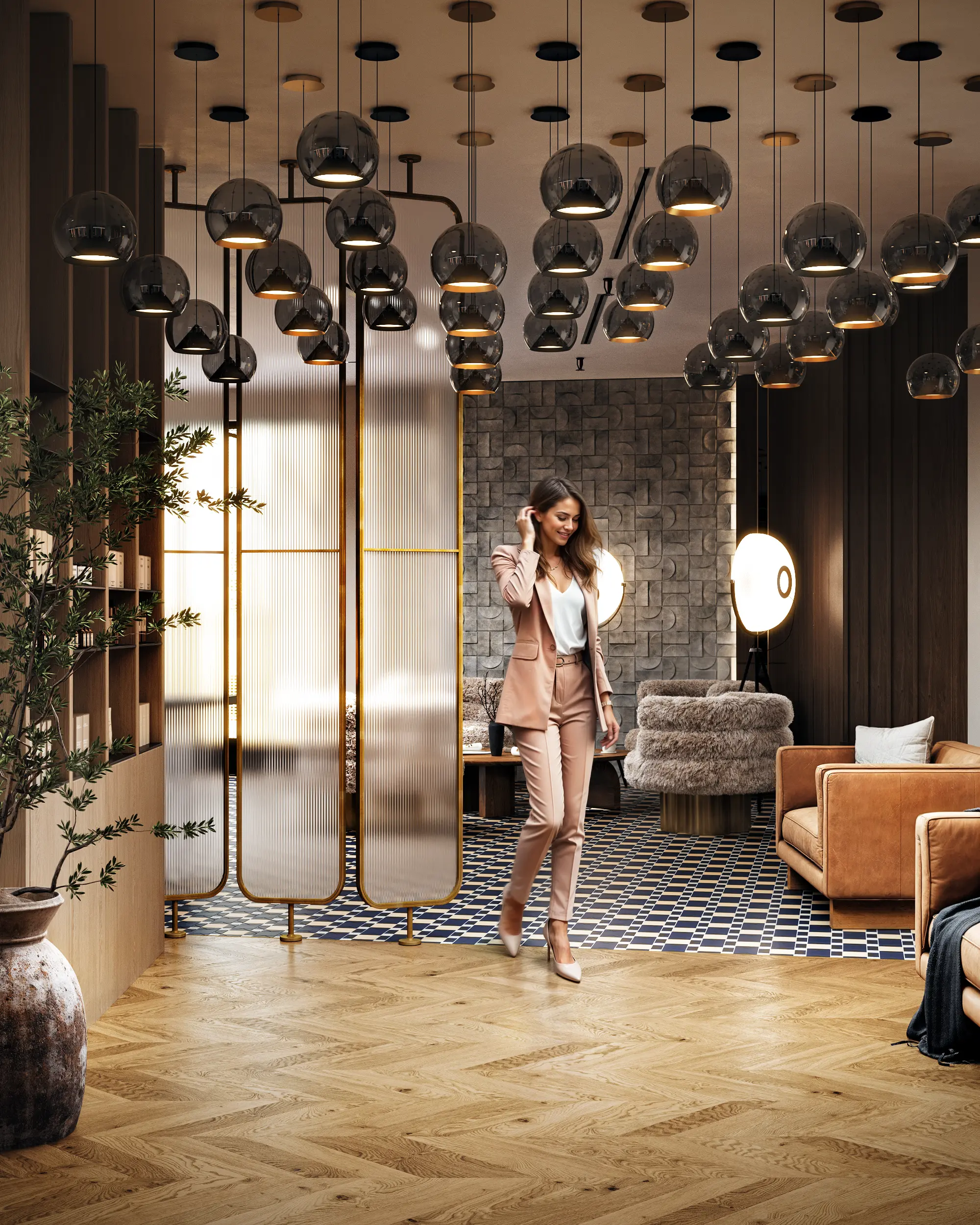 Stylish woman in a beige suit walking in a modern lounge area with pendant lights, patterned floor, and cozy seating.