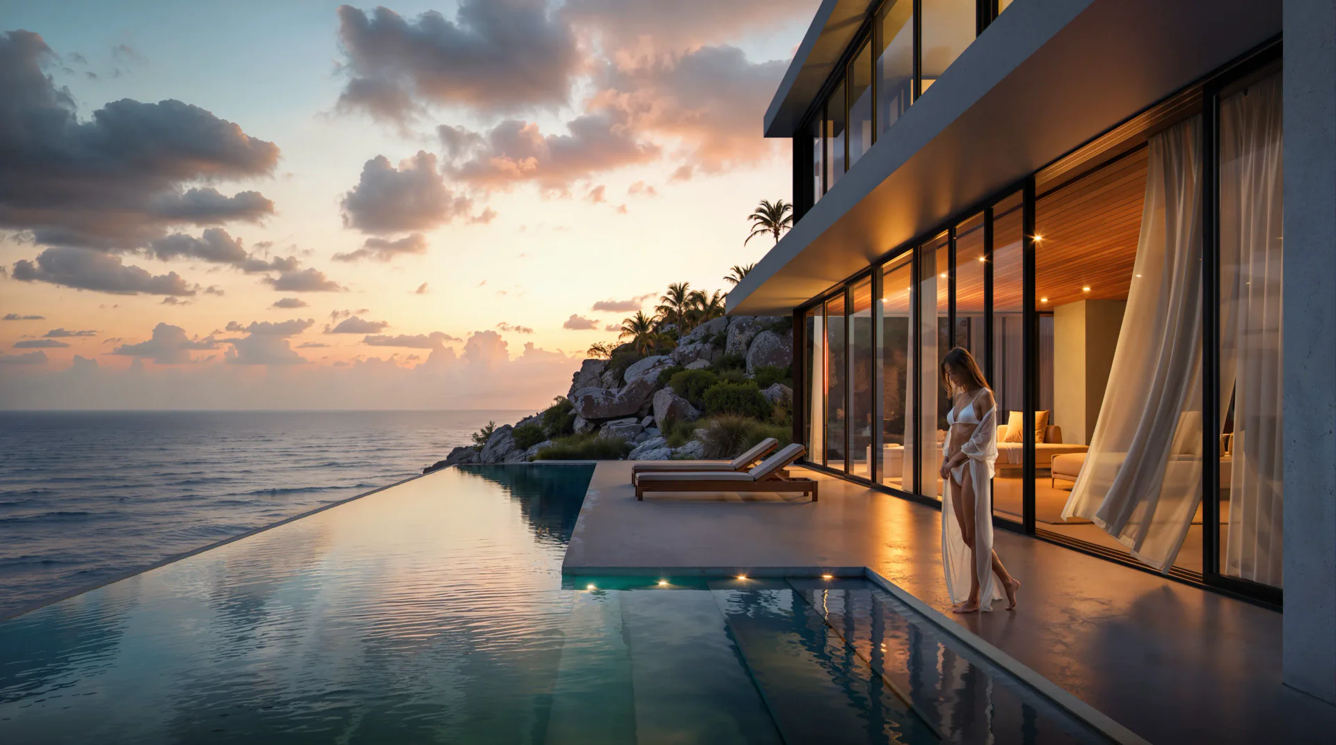 Evening view of a seaside villa with a woman by the pool.