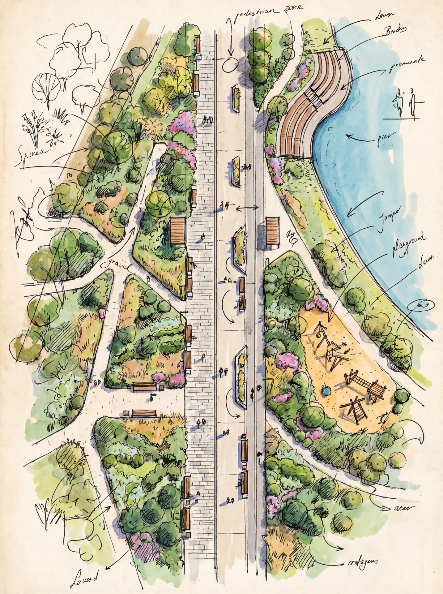 Landscape masterplan translated into a photorealistic park with paths, planting, and public realm