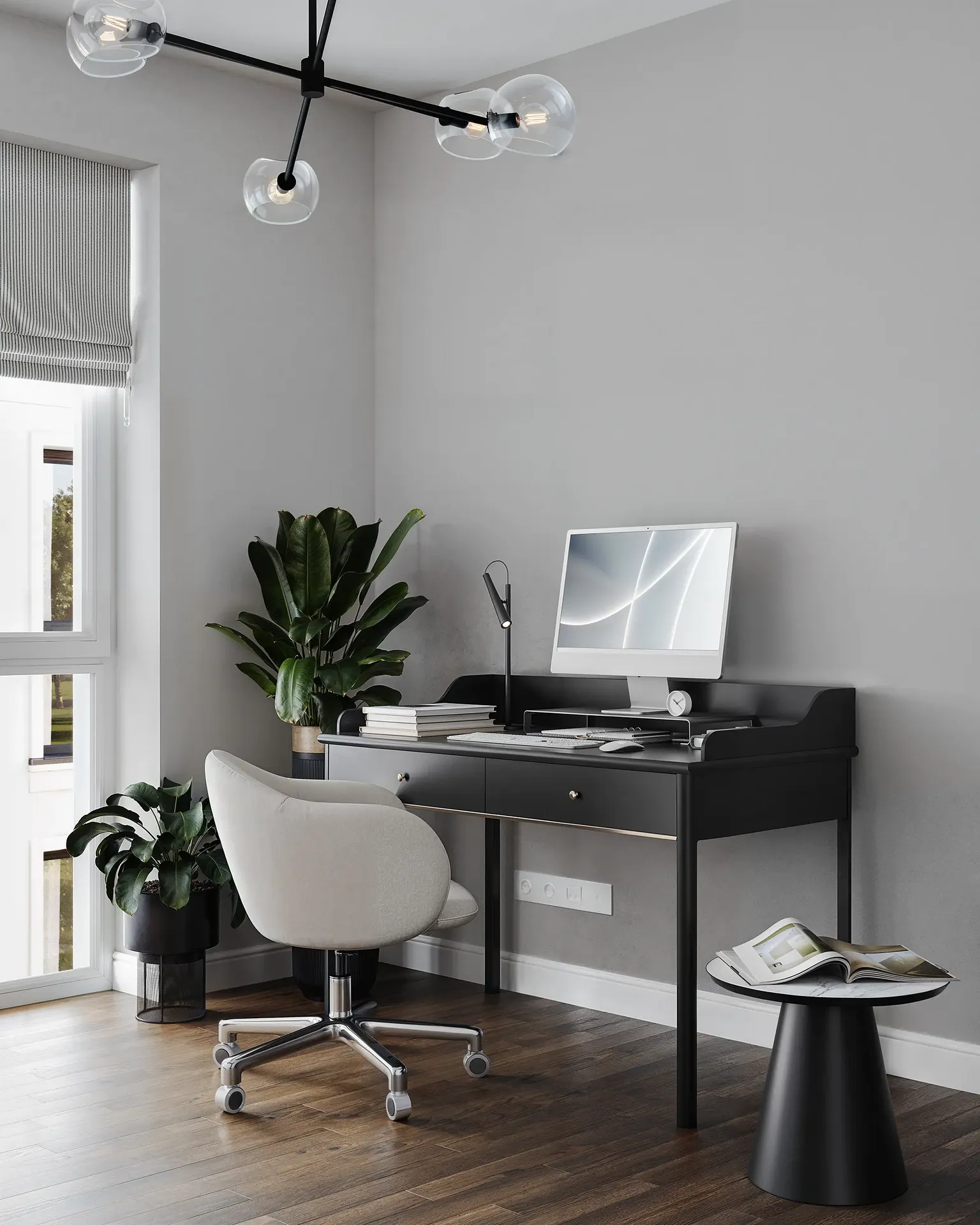 Design d'intérieur de bureau à domicile avec bureau en bois et étagères modernes.