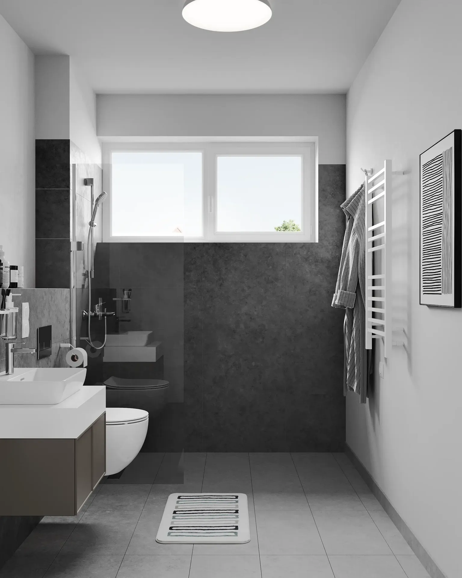 Coin vasque de salle de bain contemporain avec miroir rond et éclairage chaleureux.