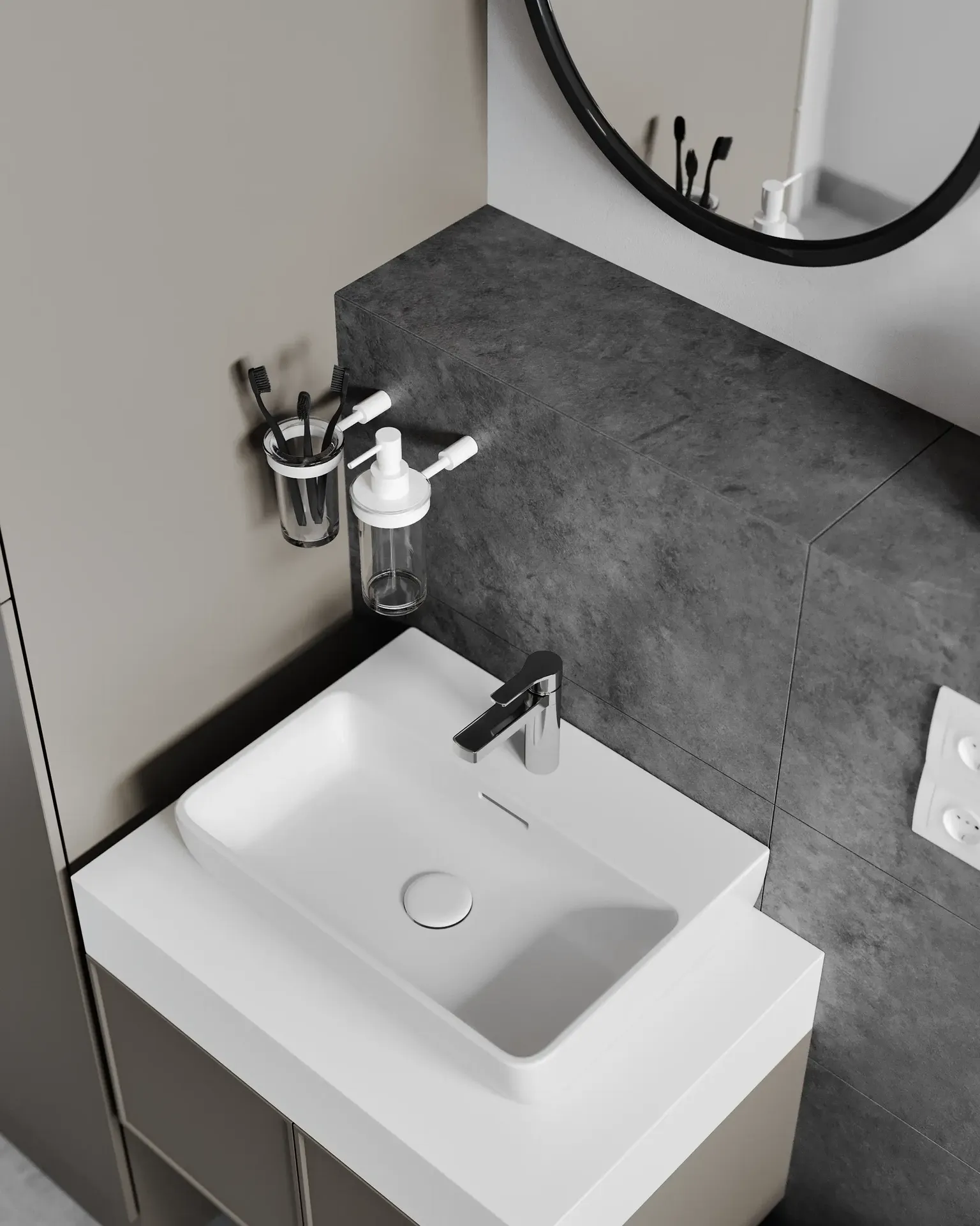 Gros plan sur les accessoires de salles de bains modernes et la texture des murs en pierre.