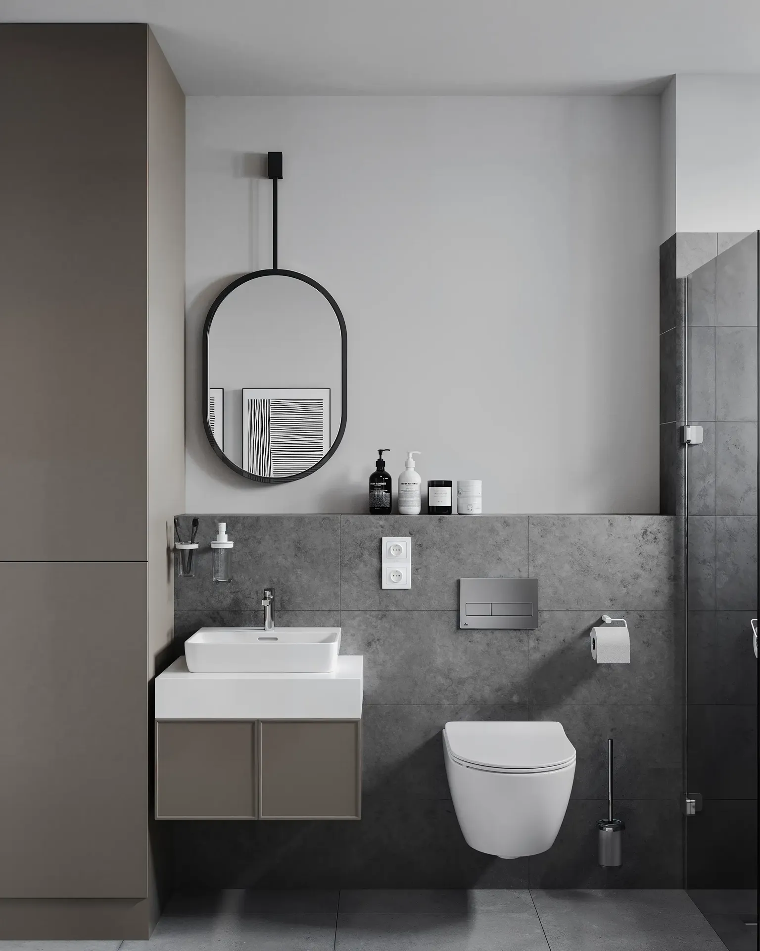 Intérieur de salles de bains moderne et minimaliste avec carrelage en pierre beige et douche en verre.