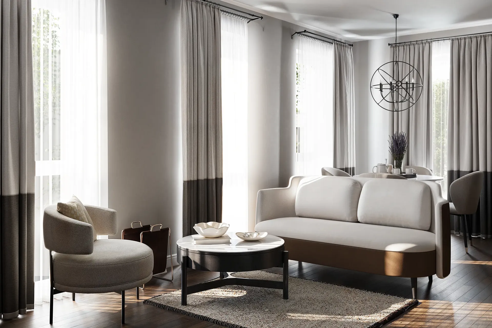 Salon moderne avec canapé beige, fauteuil rond et coin repas avec lumière naturelle.