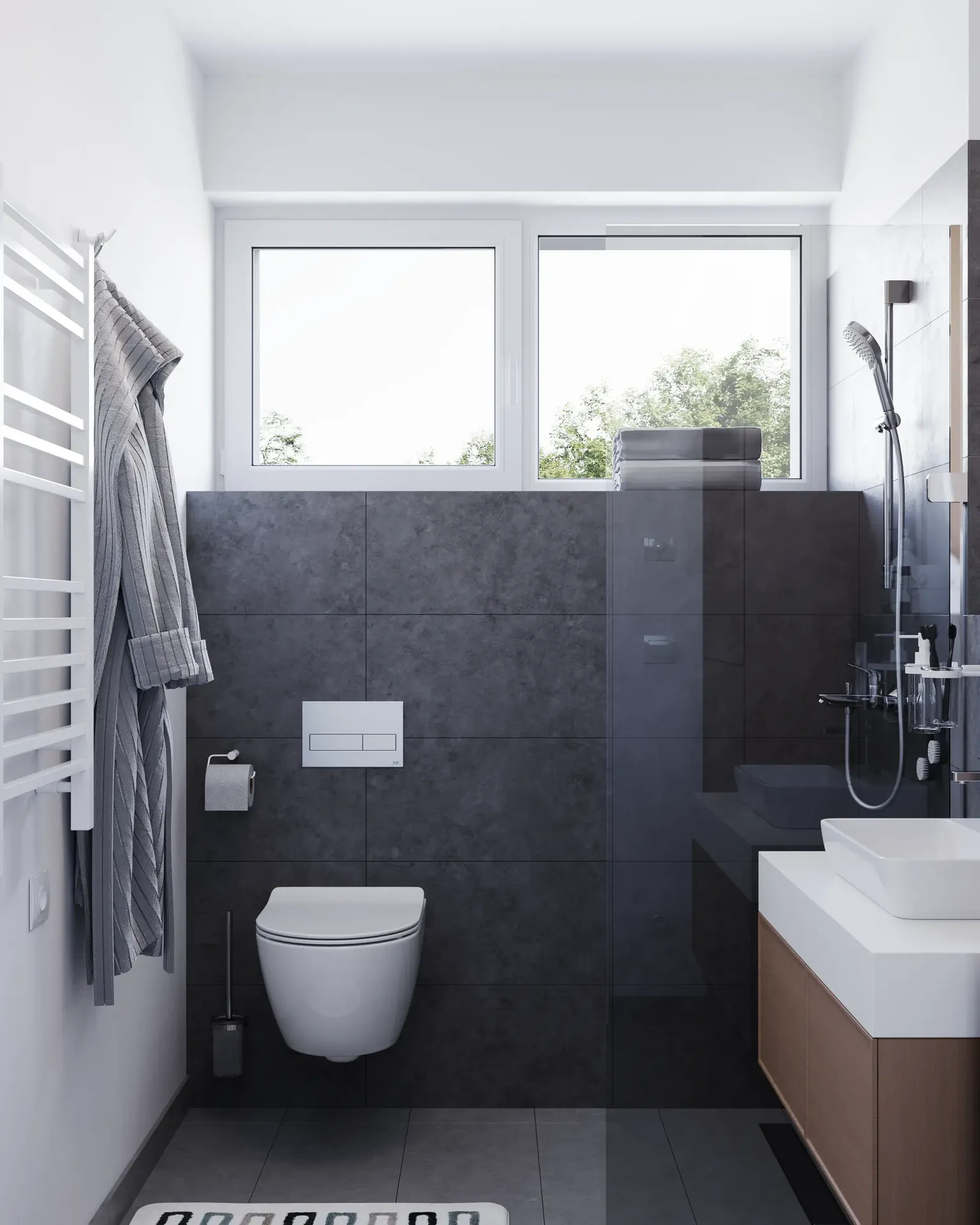 Intérieur de salle de bains compact avec mur de carrelage sombre et luminaires blancs.