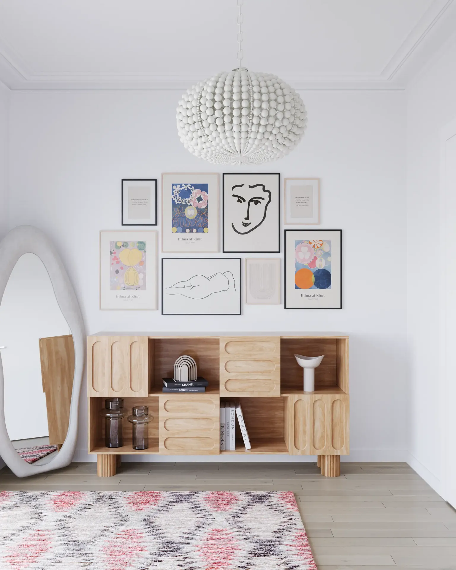 Vue de face d'une commode de rangement et d'un miroir.