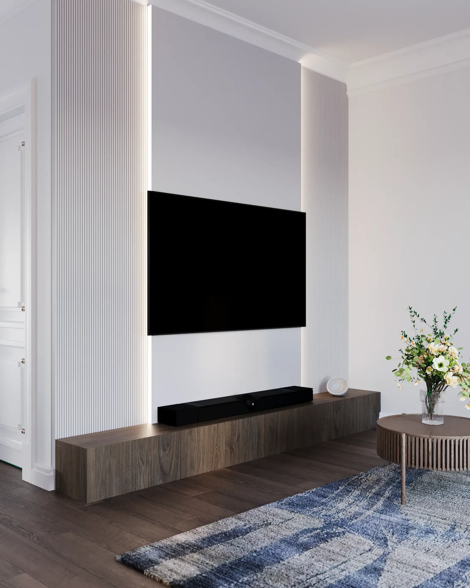 Conception de mur multimédia compact dans un petit salon