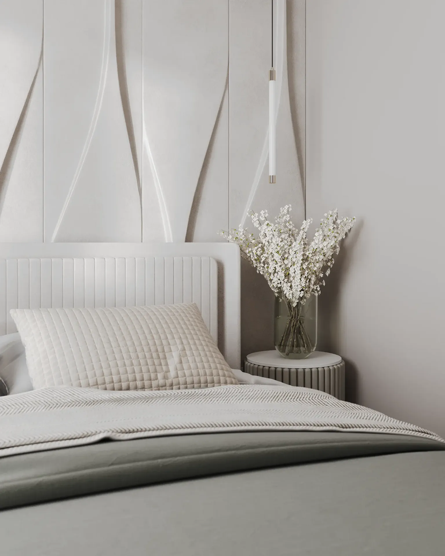 Photo détaillée de la texture de la literie haut de gamme et du décor de la table de nuit