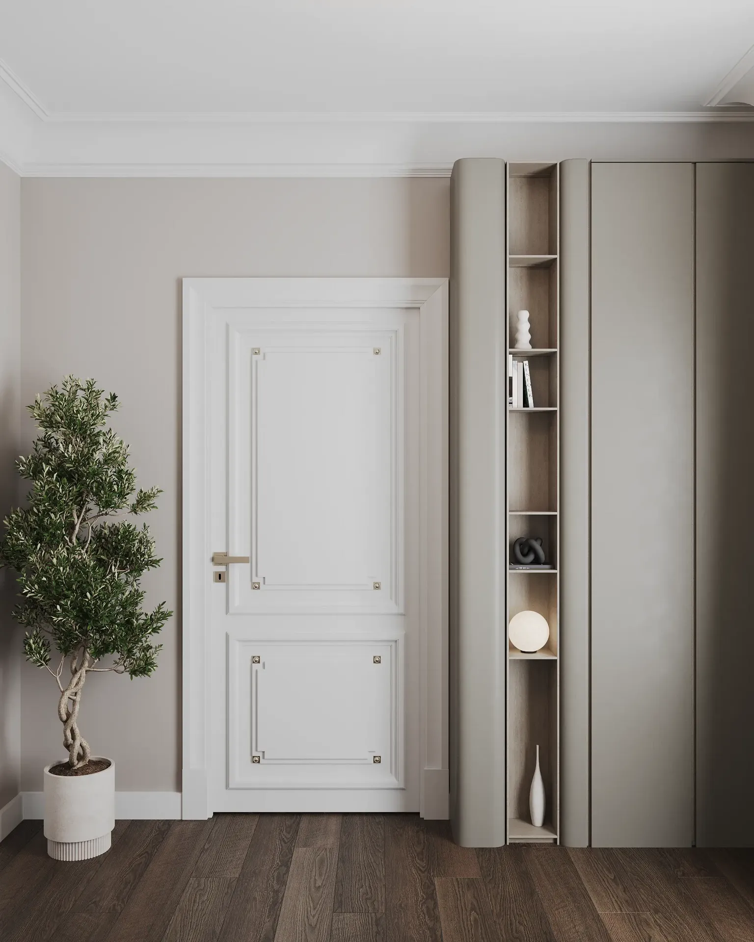 Entrée de la chambre montrant l'emplacement de la porte et de l'armoire
