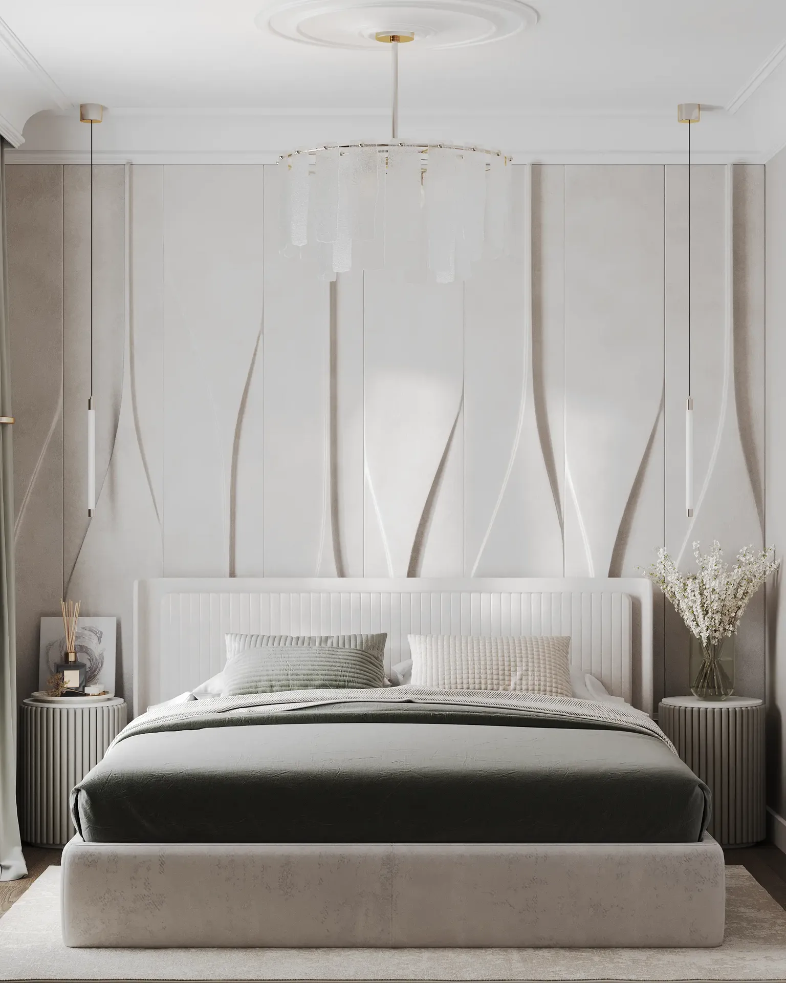 Vue symétrique du lit avec tables de nuit assorties