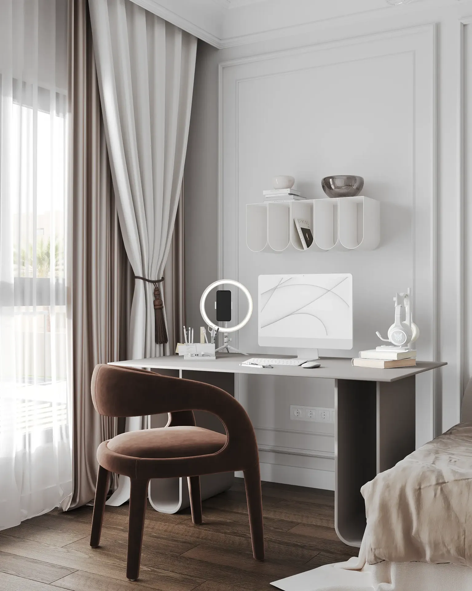 Espace d'étude pour adolescents avec bureau d'ordinateur placé près de la fenêtre