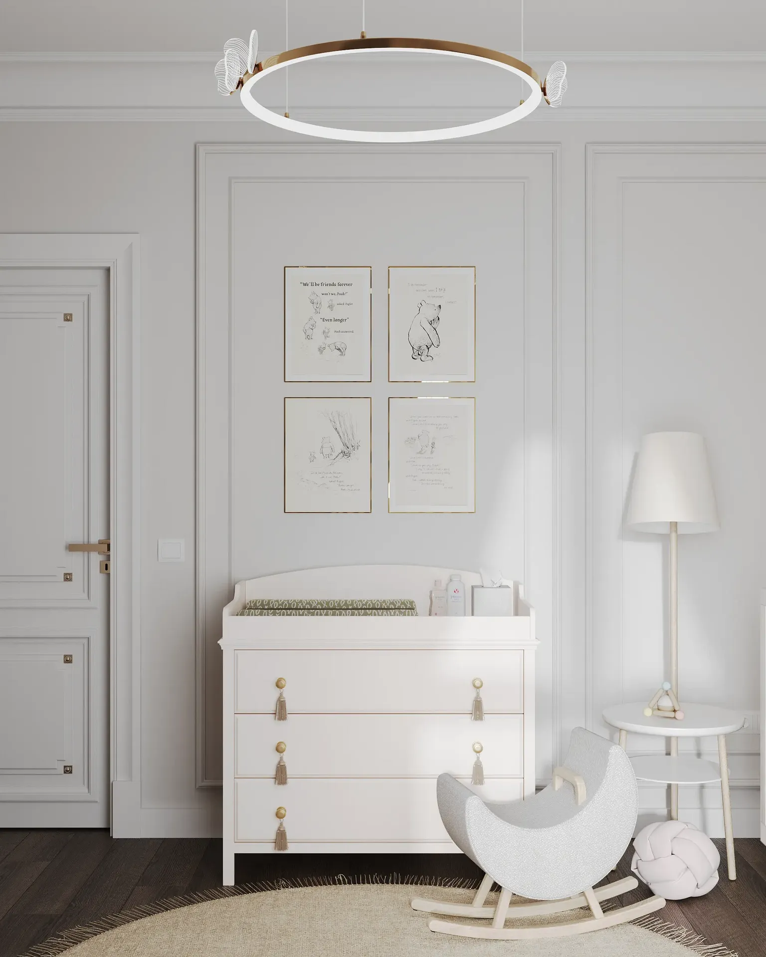 Vue de l'entrée de la chambre de bébé montrant une commode et un éclairage d'angle confortable
