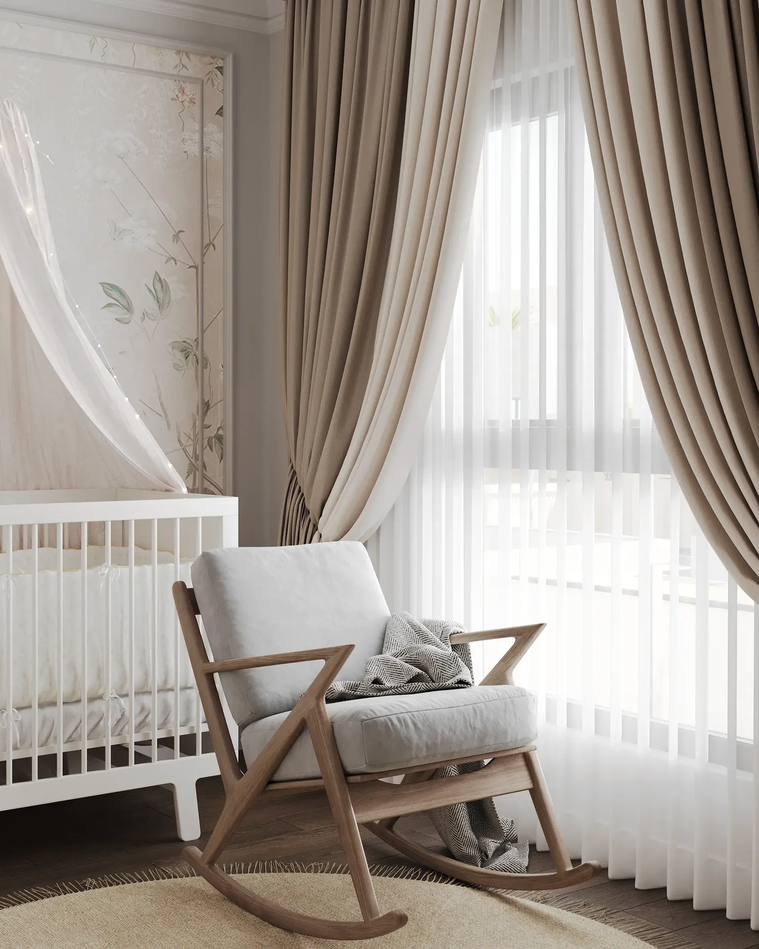 Chaise à bascule confortable placée près de la fenêtre dans la chambre de bébé
