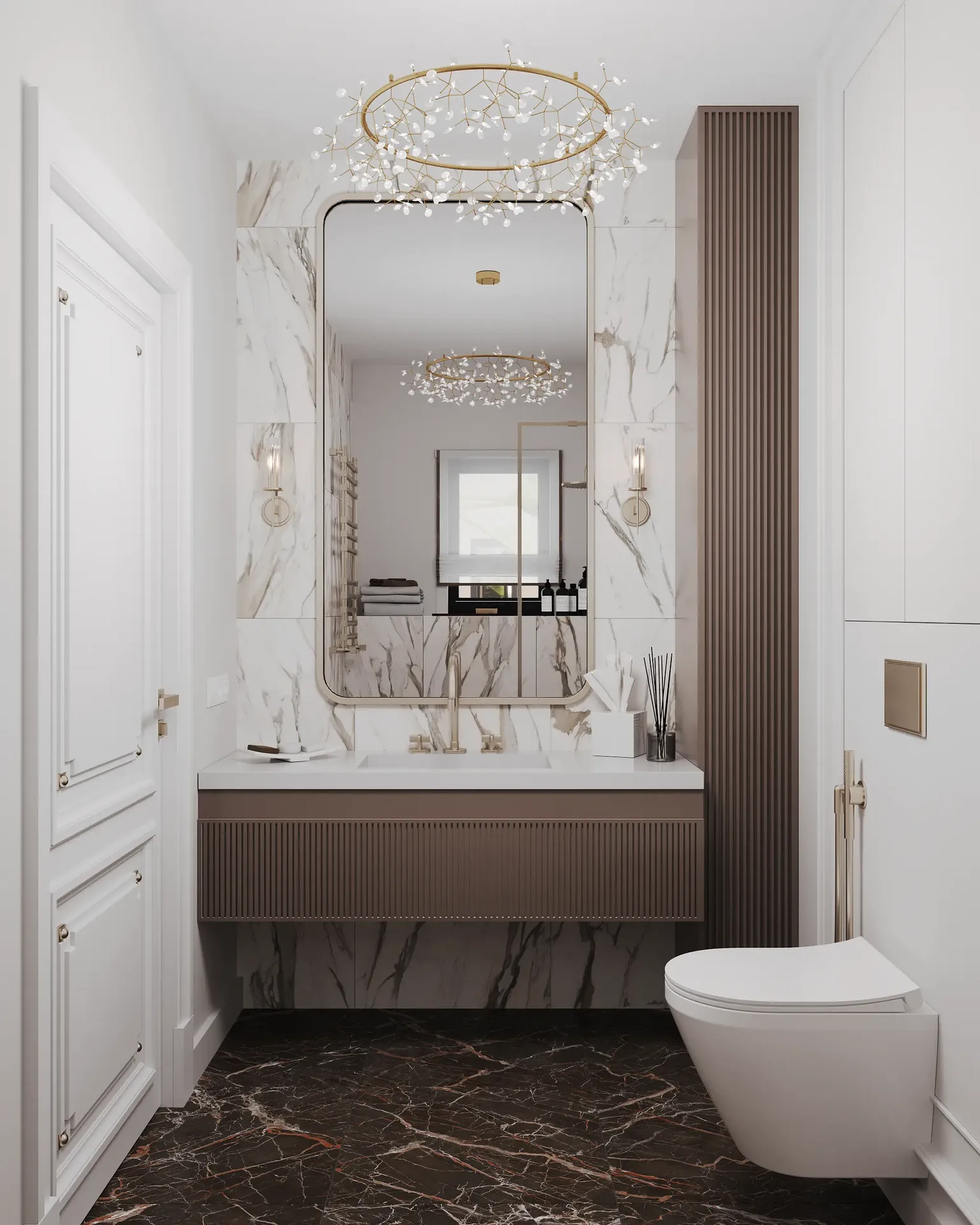 Meuble vasque de salle de bain au deuxième étage avec miroir