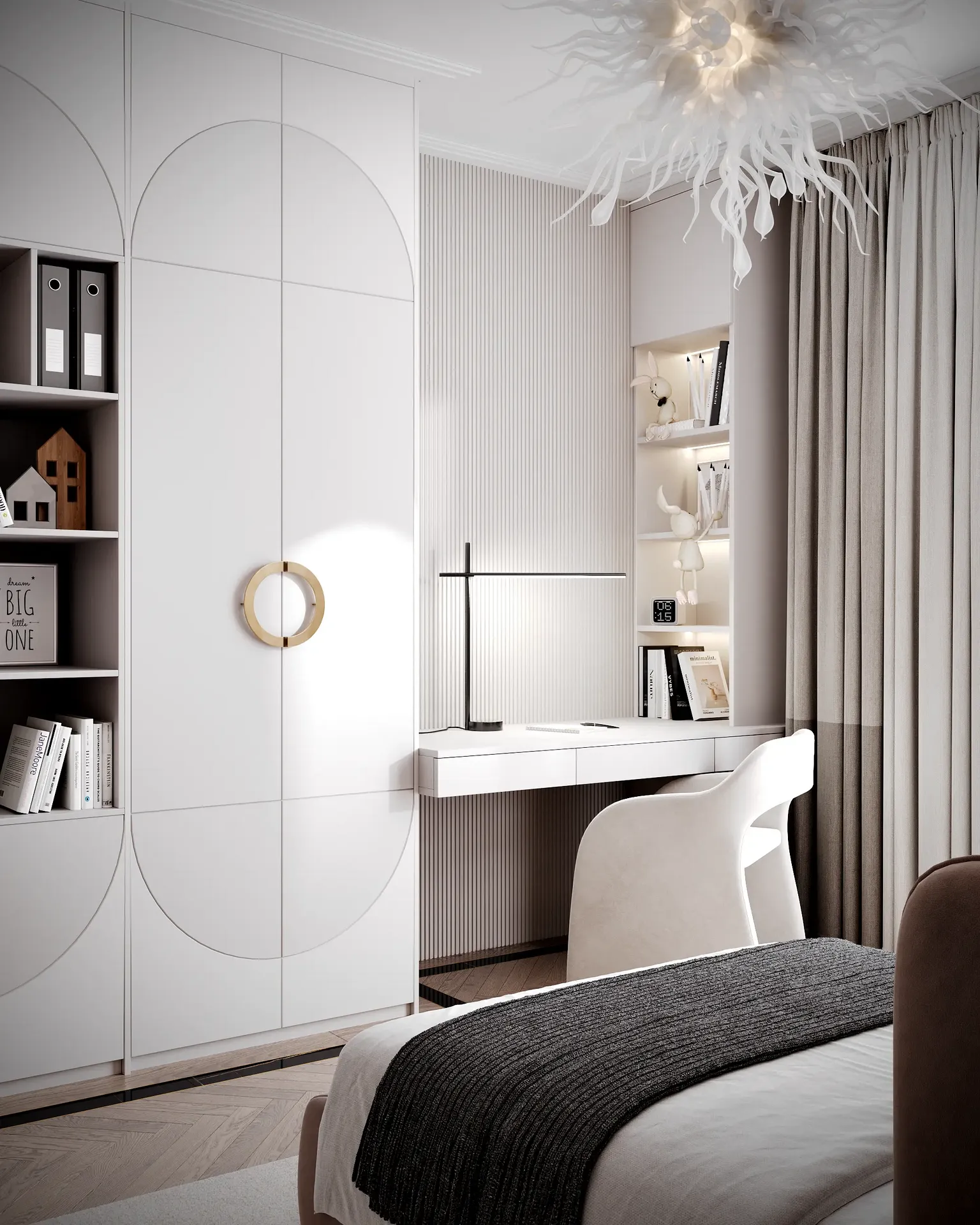 Moderner Arbeitsplatz im Jugendzimmer mit elegantem Schreibtisch, bequemem Stuhl und Wandregal.