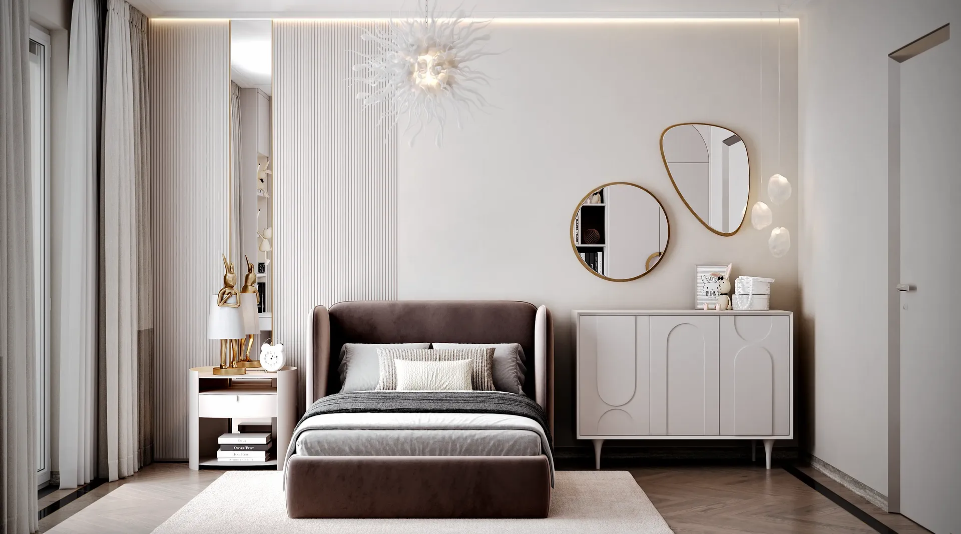 Überblick über das Schlafzimmer eines modernen Teenagers mit Bett, Nachttisch und minimalistischer Kommode.