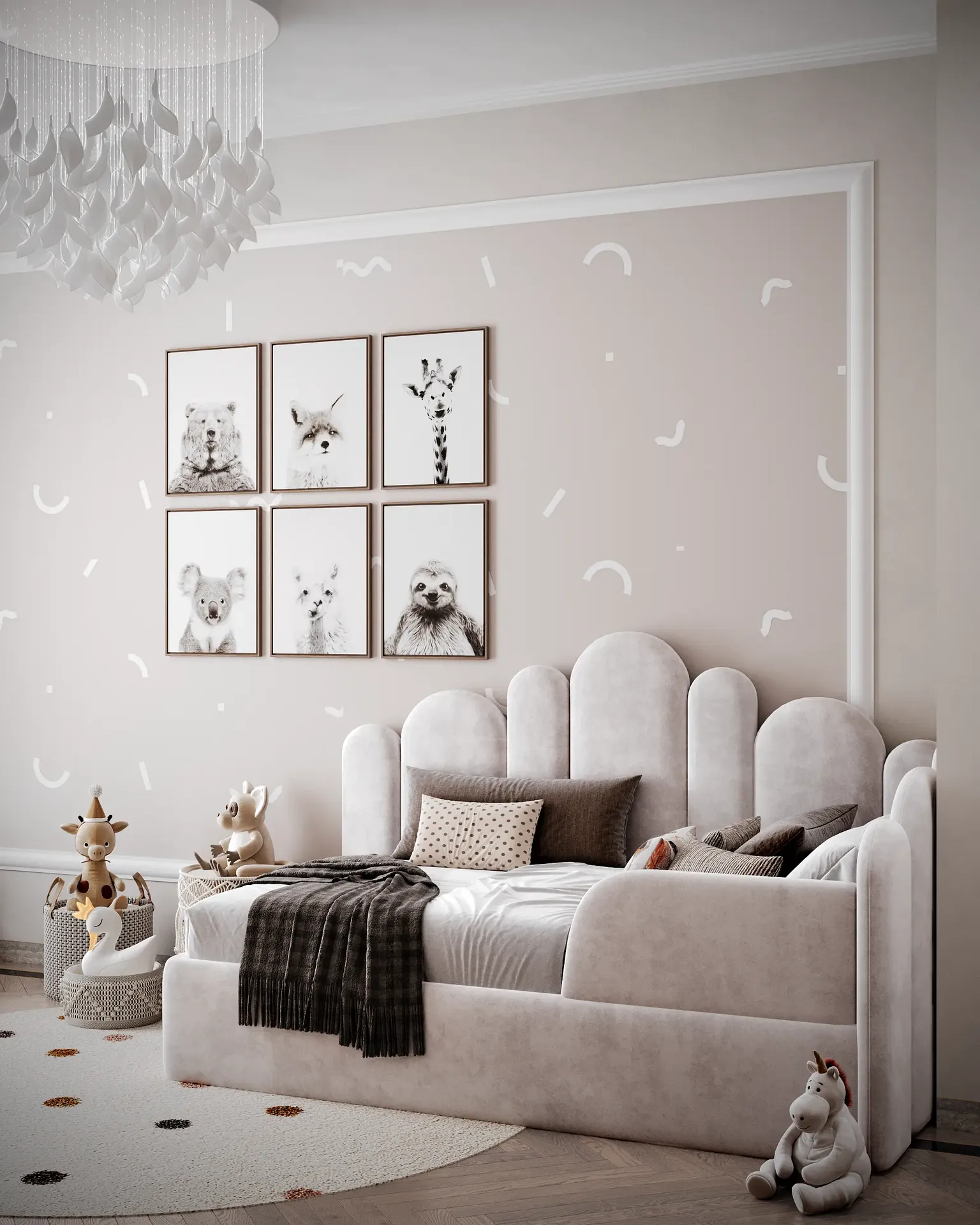 Gemütlicher Schlafbereich in einem hellen, modernen Kinderzimmer mit Lattenrostbett.